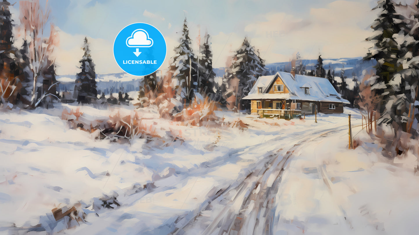 A View Of The House And Snow Covering, A House In The Snow