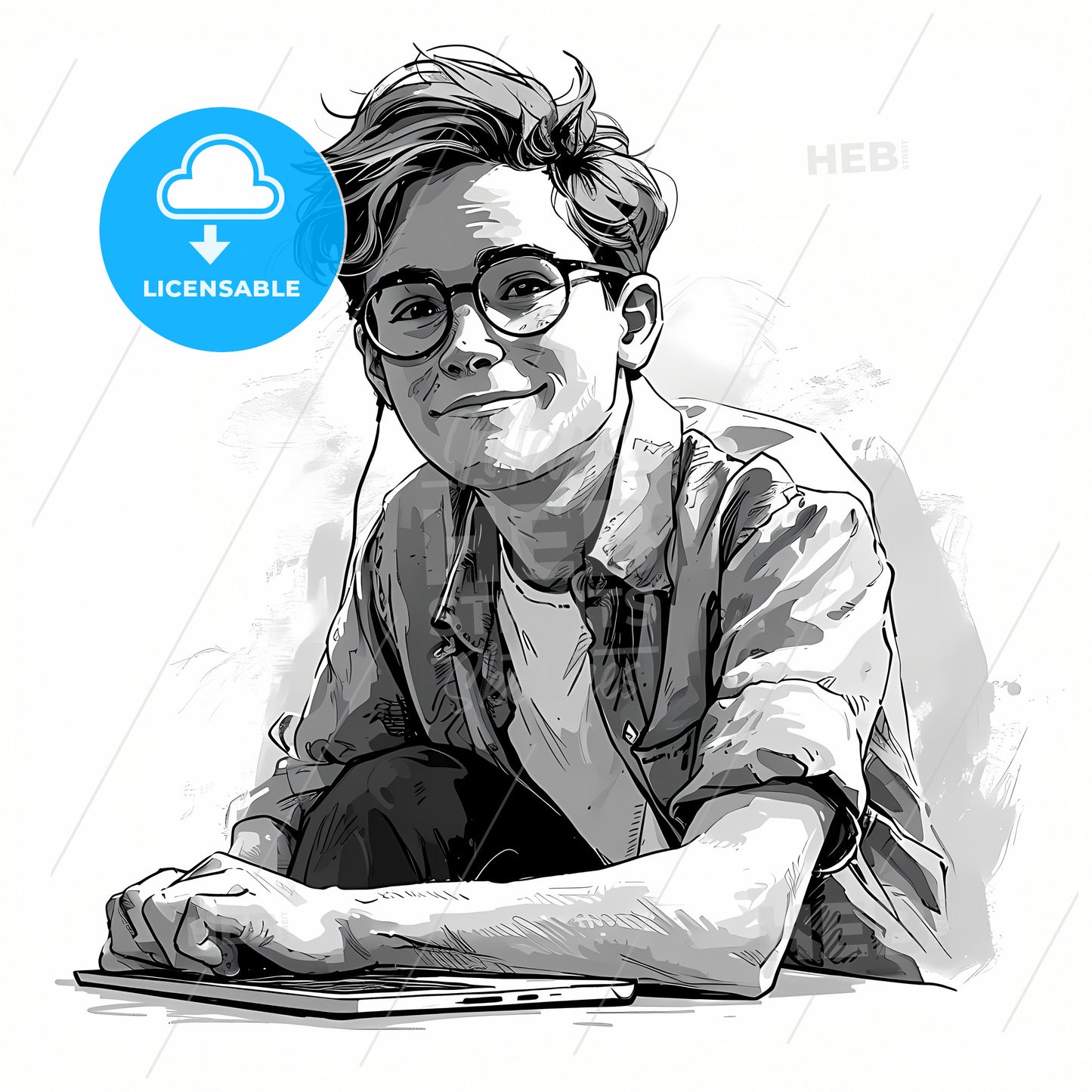 A Happy Man Sitting In A Lecture Room, A Boy Wearing Glasses And Smiling