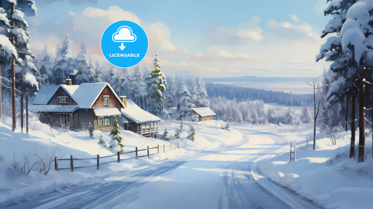 A View Of The House And Snow Covering, A Snowy Road With Houses And Trees