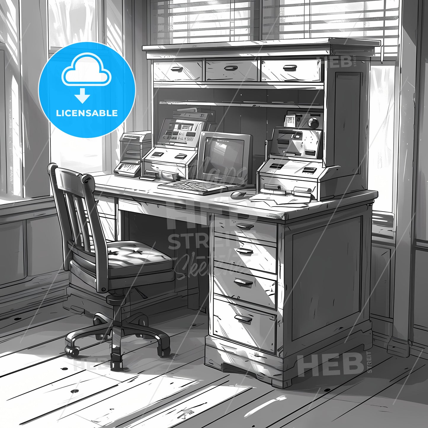 Desk Product Industrial Design Sketch, A Desk With A Computer And A Chair