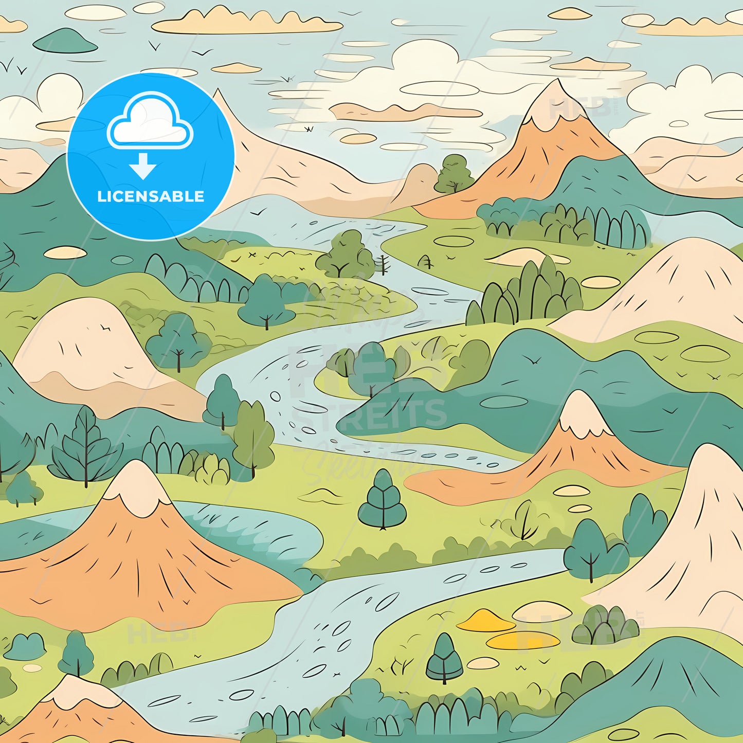 Hand Drawn Landscape, A Landscape With Mountains And A River