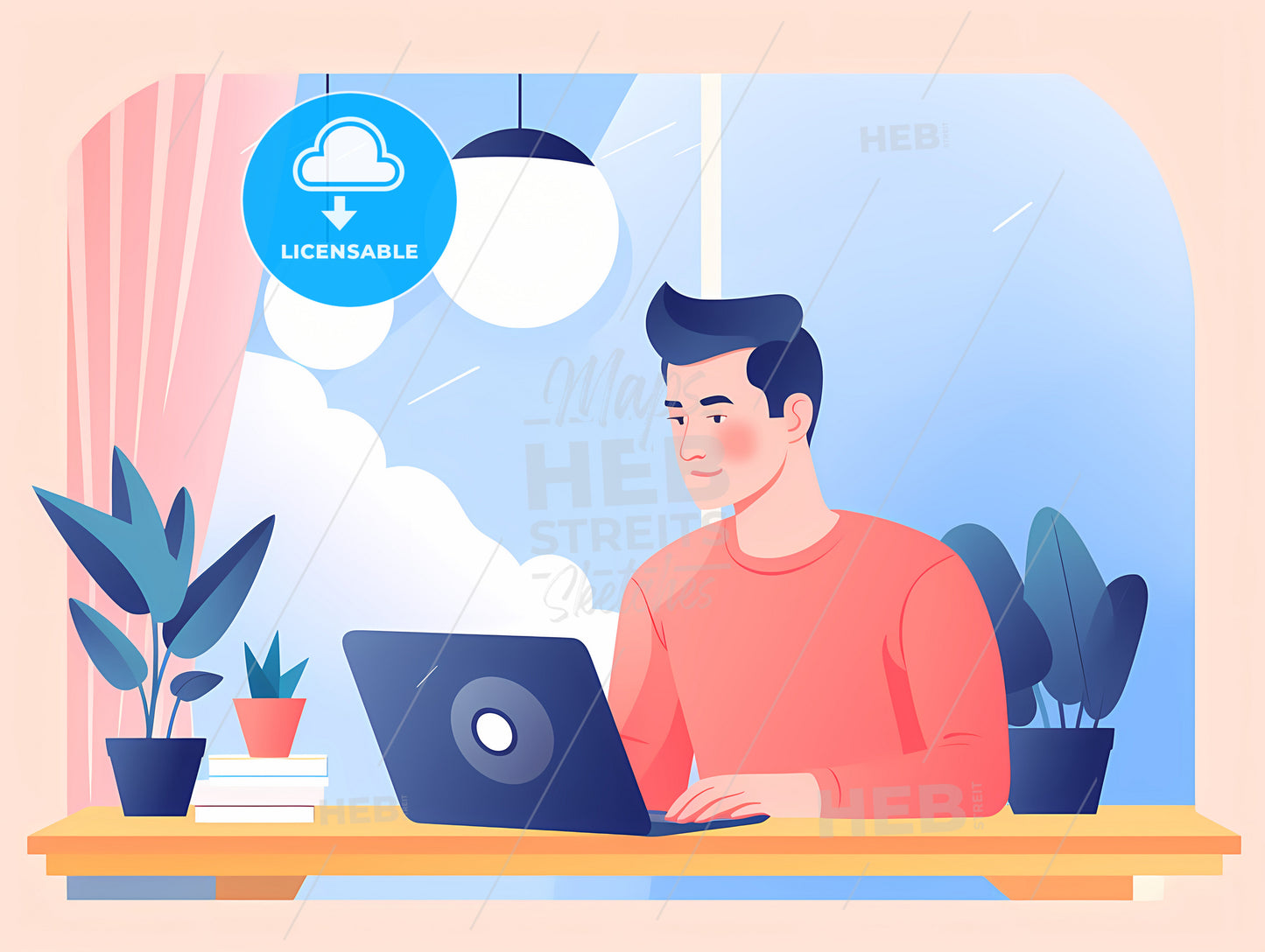 Young Man Working From Home, A Man Sitting At A Desk With A Laptop