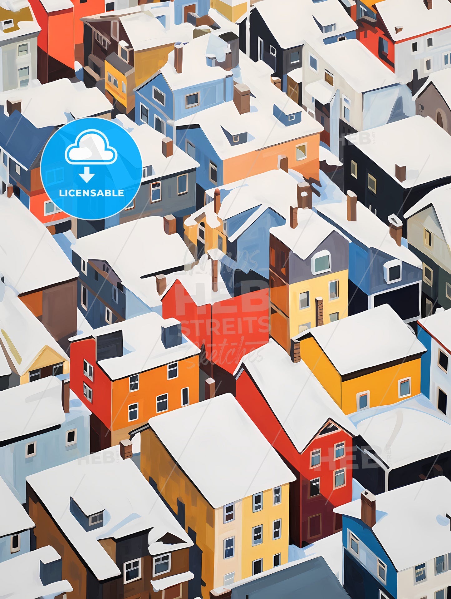 Snowy Urban Roofs Seen From Above, A Group Of Colorful Buildings Covered In Snow