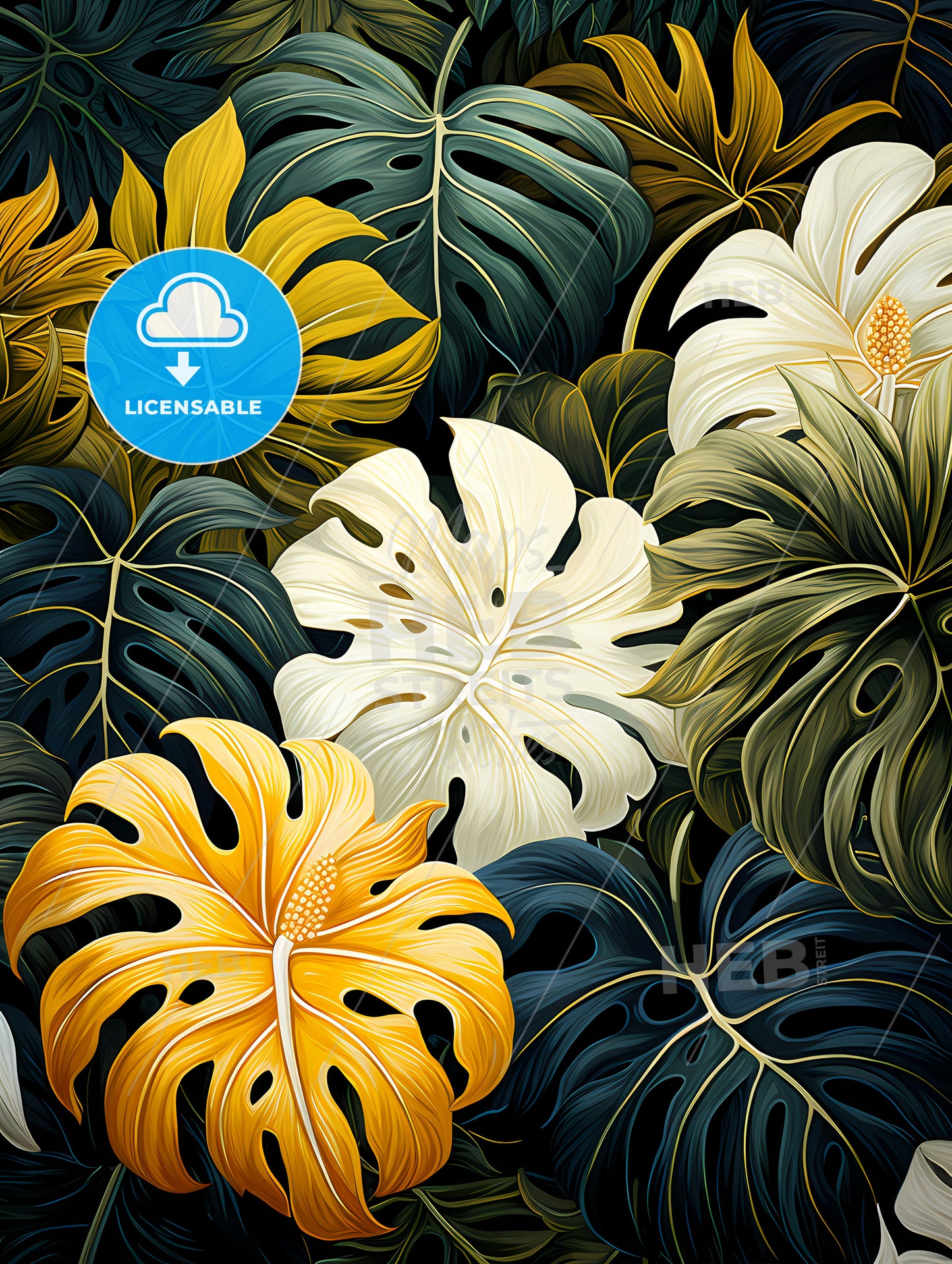 Monochrome Monstera Tropical Leaves, A Group Of Colorful Leaves