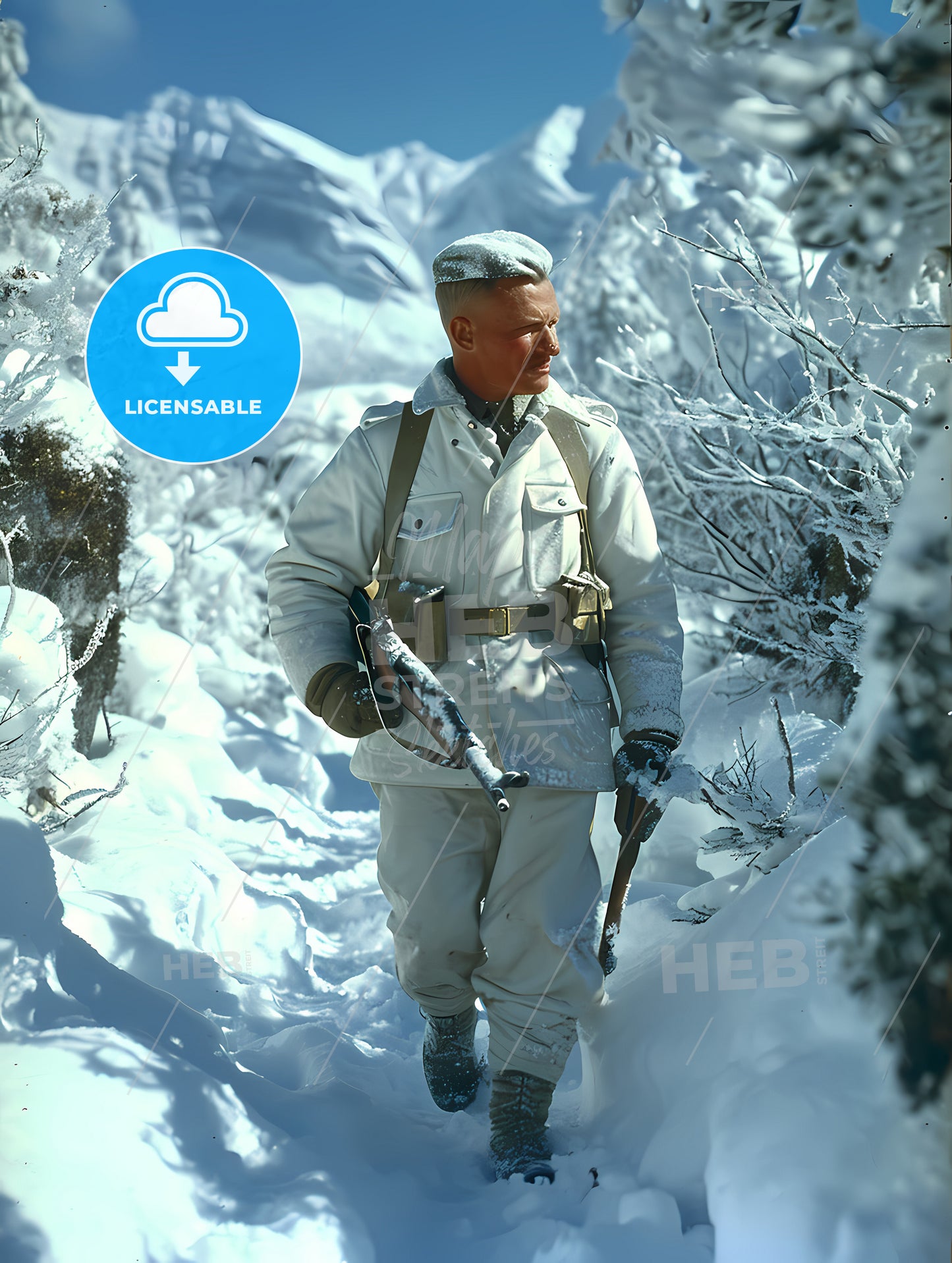 Winter War 1939, A Man In A White Uniform With A Gun Walking In The Snow