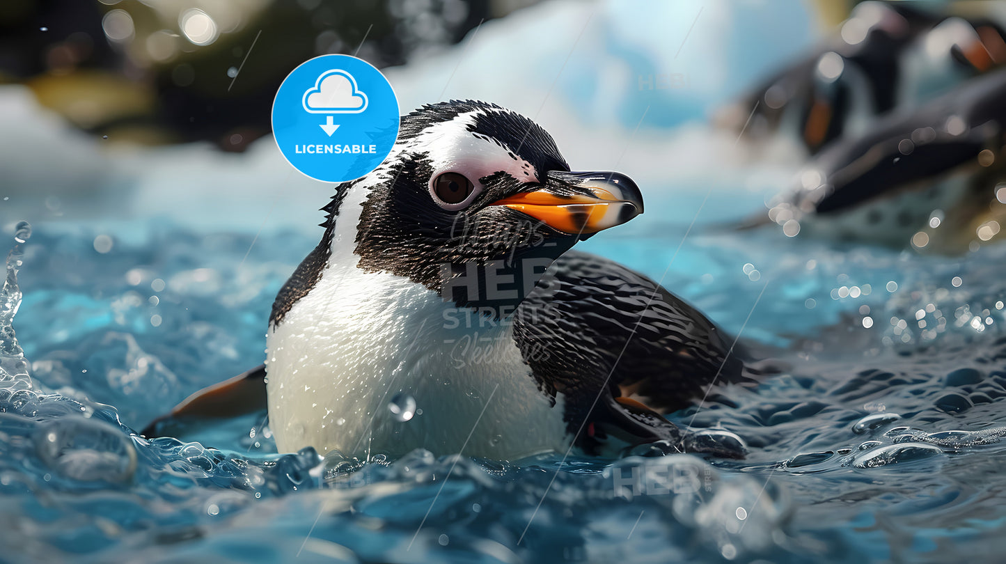 A Cute Little Penguin In The Blue Sea, A Penguin Swimming In Water