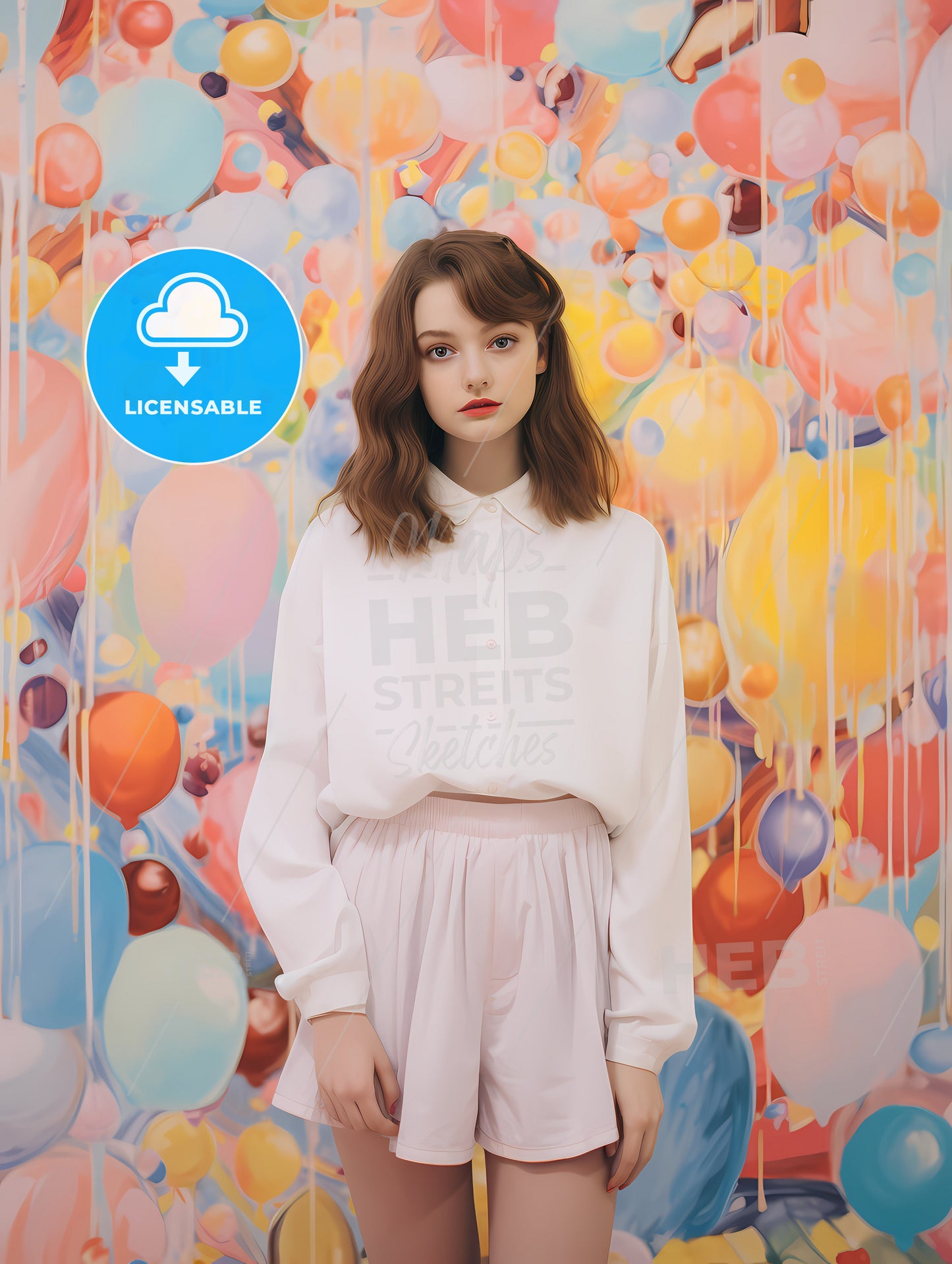 Girl Standing On A Pastel Background, A Woman In A White Shirt