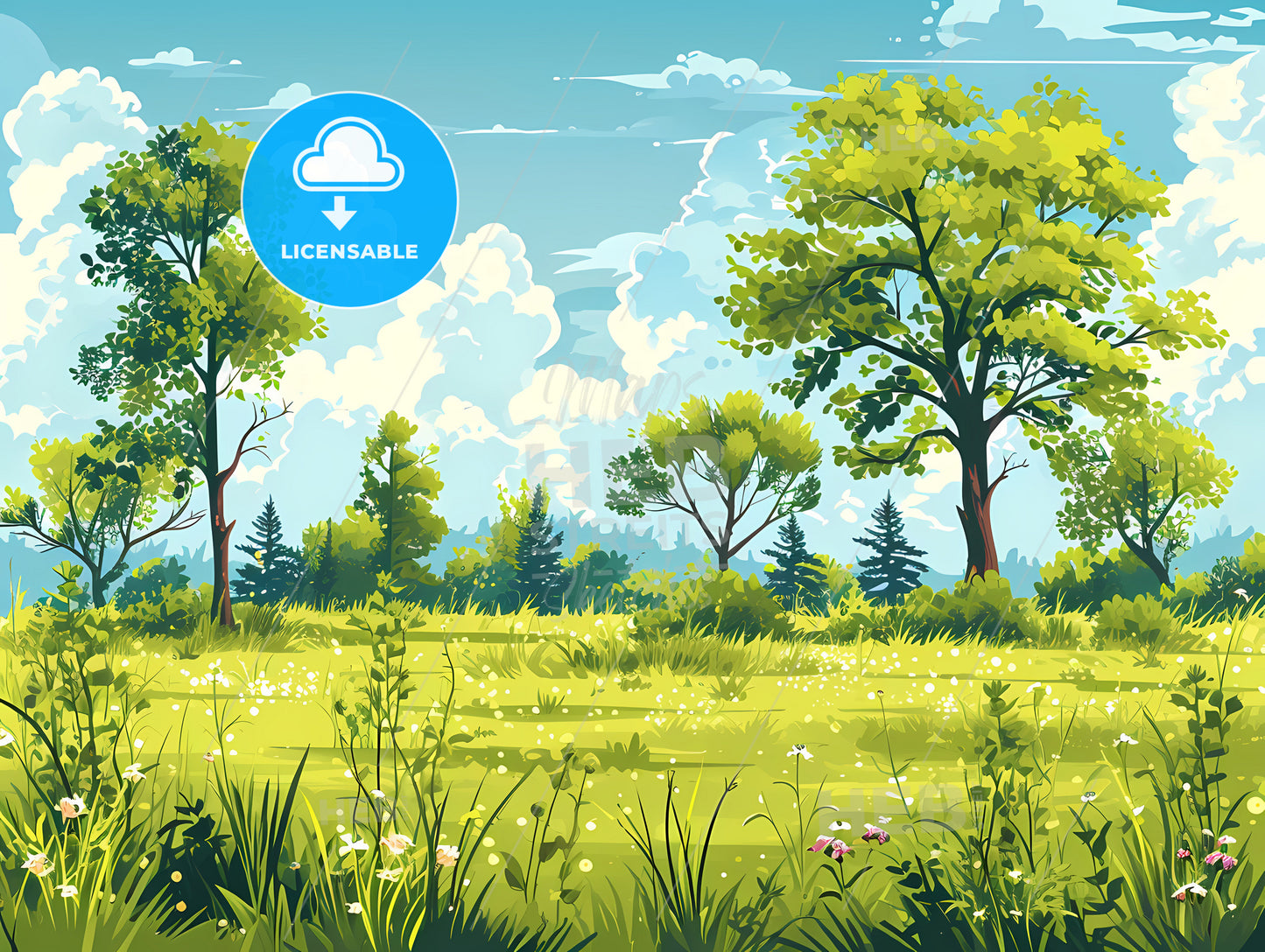 Beautiful Blurred Background Of Spring Nature, A Green Field With Trees And Grass