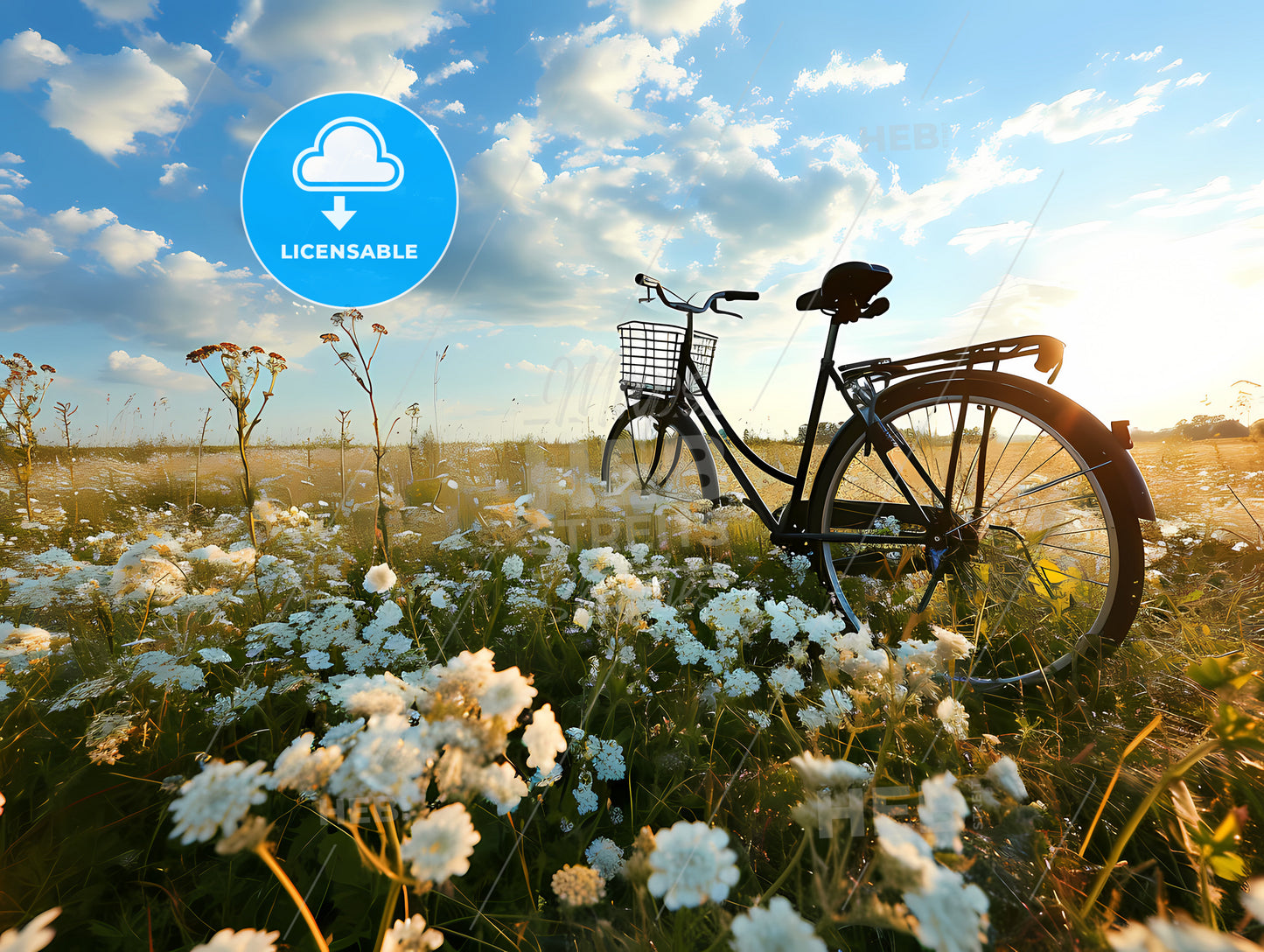 Beautiful Spring Summer Natural Landscape, A Bicycle In A Field Of Flowers