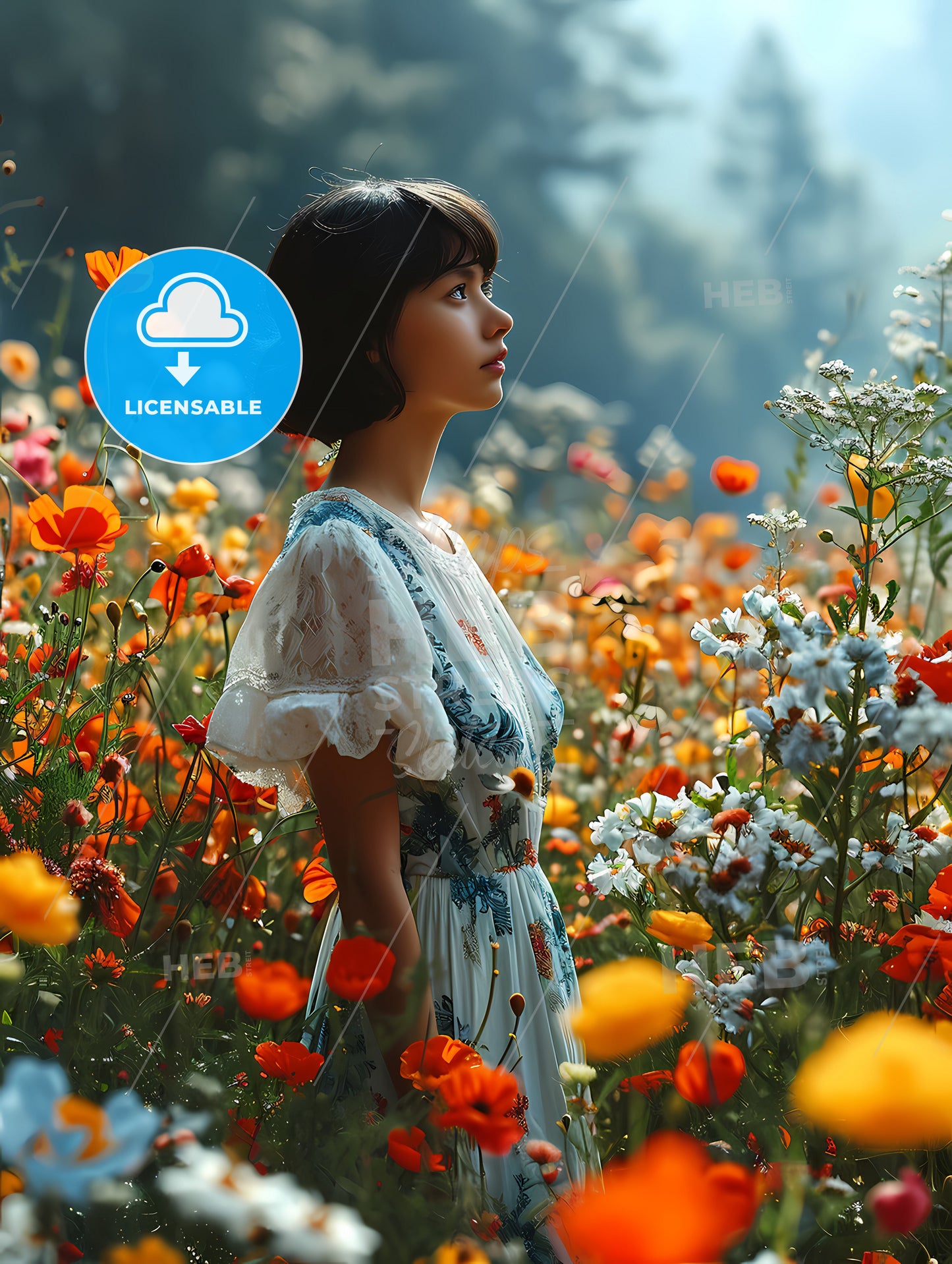 American Fashion Magazine Styled Illustration, A Woman In A Field Of Flowers