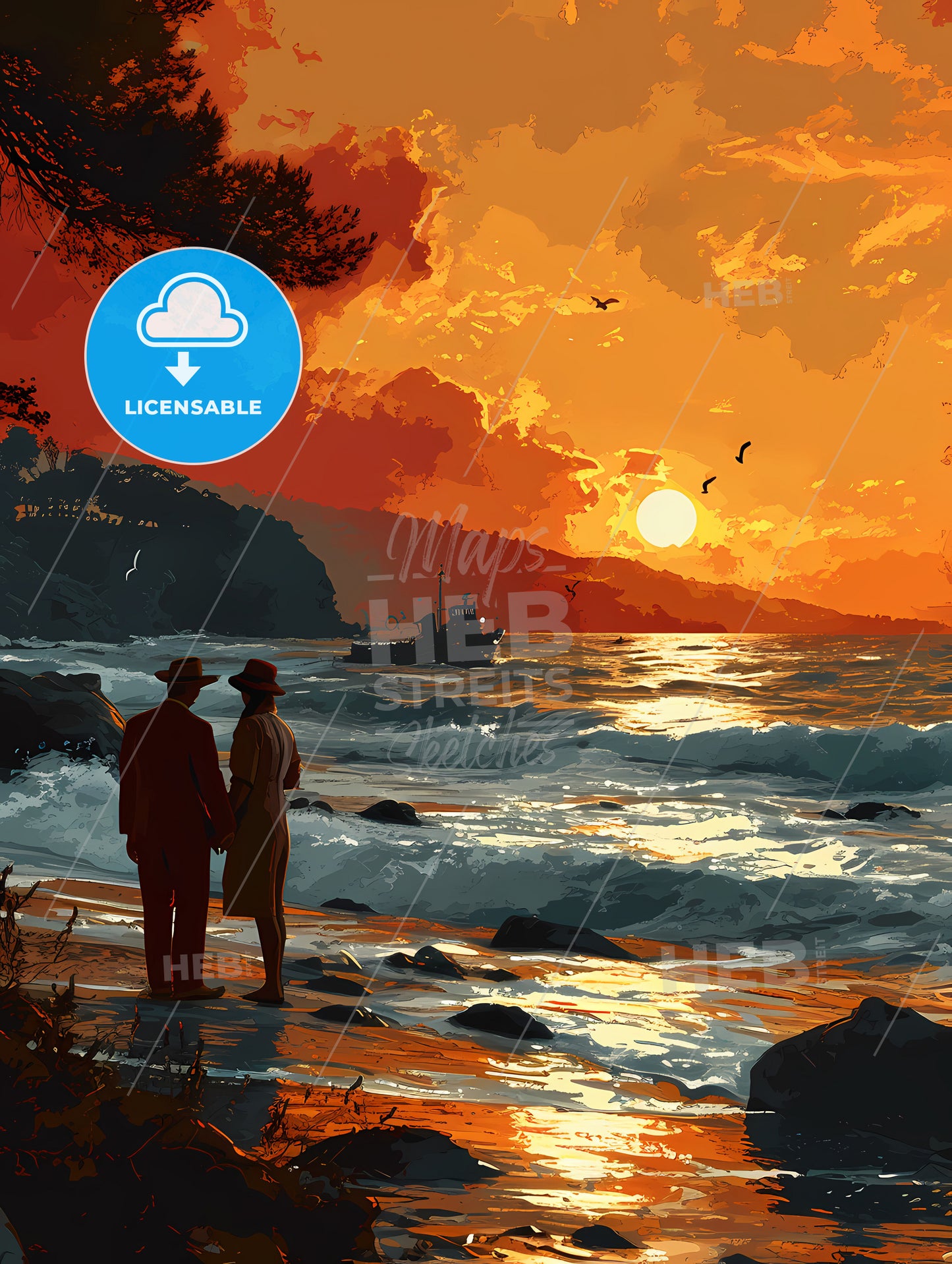 Paper Art Style Illustration, A Man And Woman Standing On A Beach Looking At A Boat