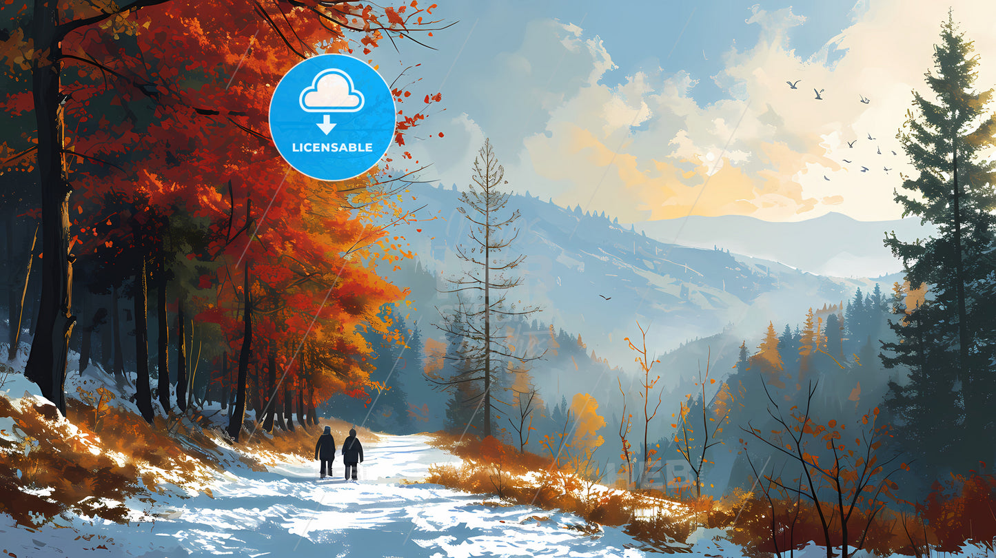 Family On The Ski, Two People Walking On A Snowy Path With Orange Trees
