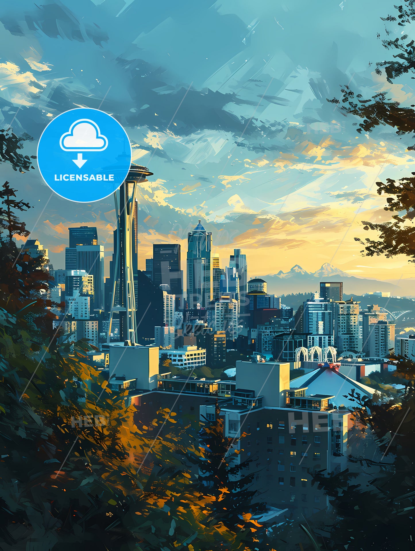 Seattle Skyline, A Cityscape With Trees And A Sky Scraper