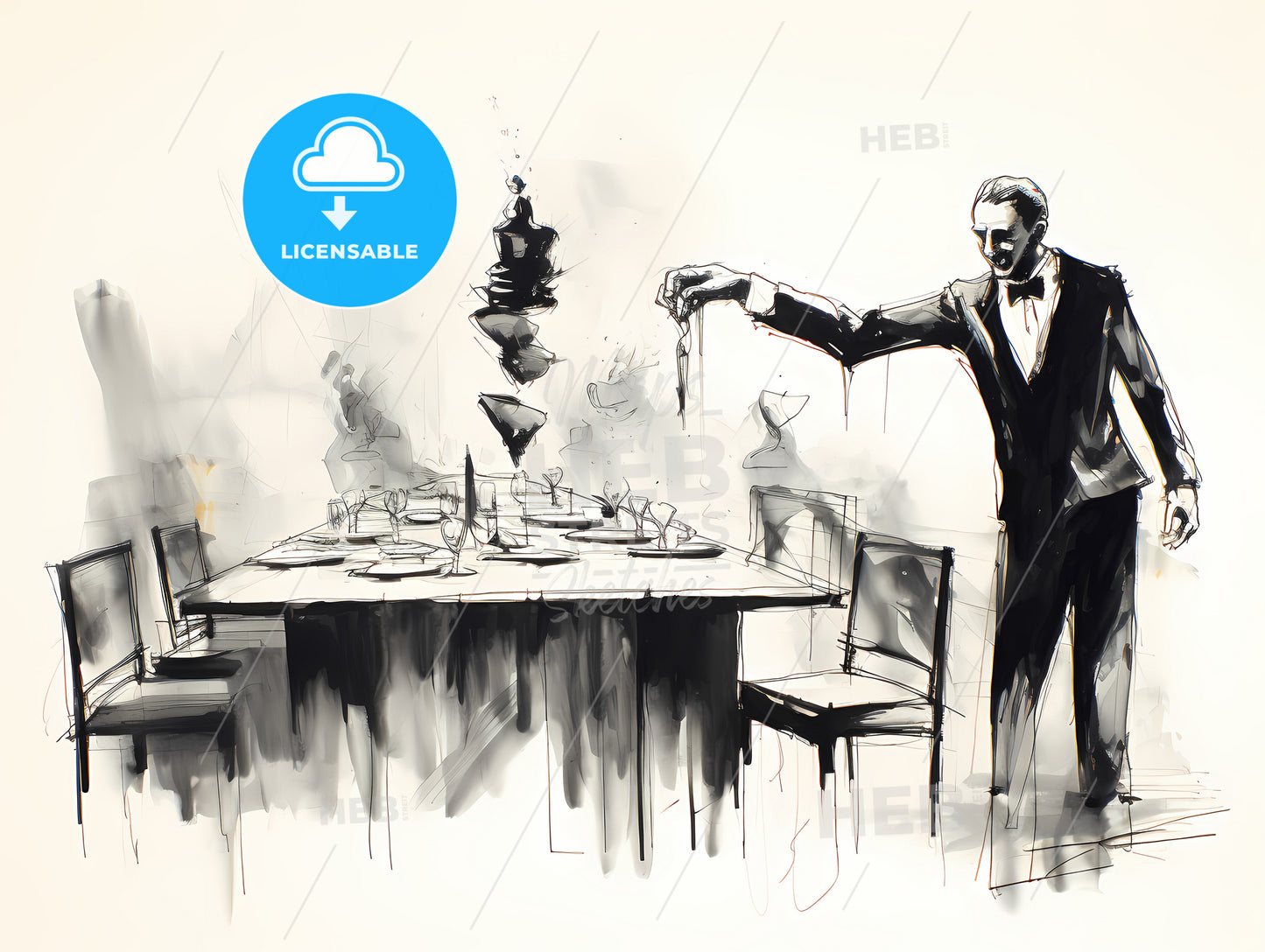A Waiter Serves His Last Table In Motion, A Man Standing In Front Of A Table