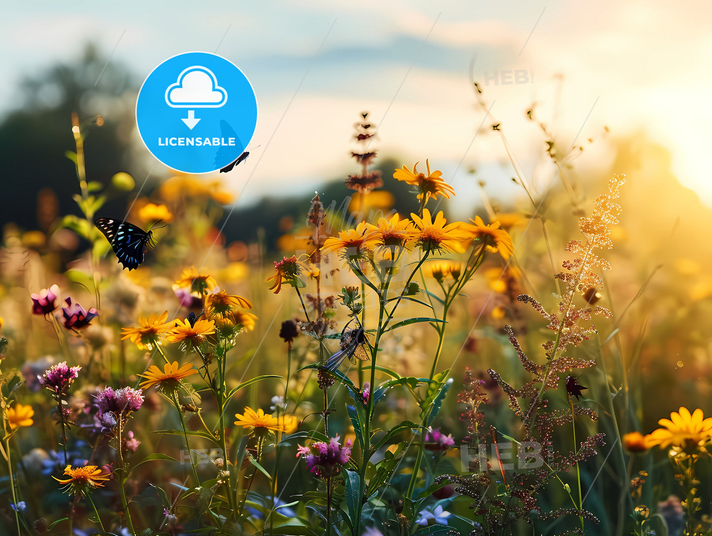 Cheerful Buoyant Spring Summer, Butterflies Flying In A Field Of Flowers