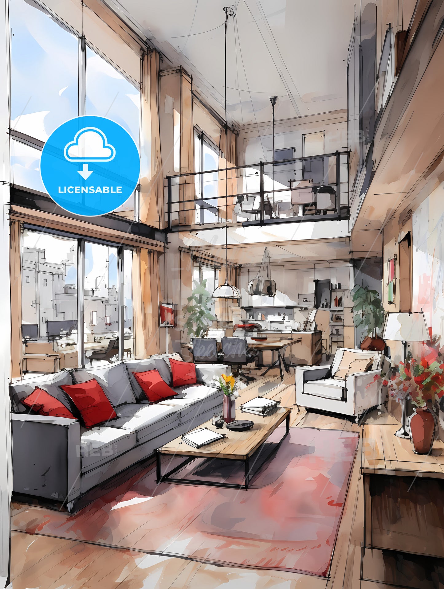 Modern Studio Apartment, A Drawing Of A Living Room