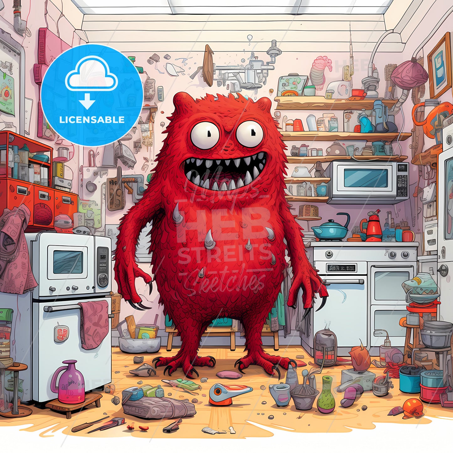 A Large Red Monster, A Cartoon Of A Red Monster In A Kitchen