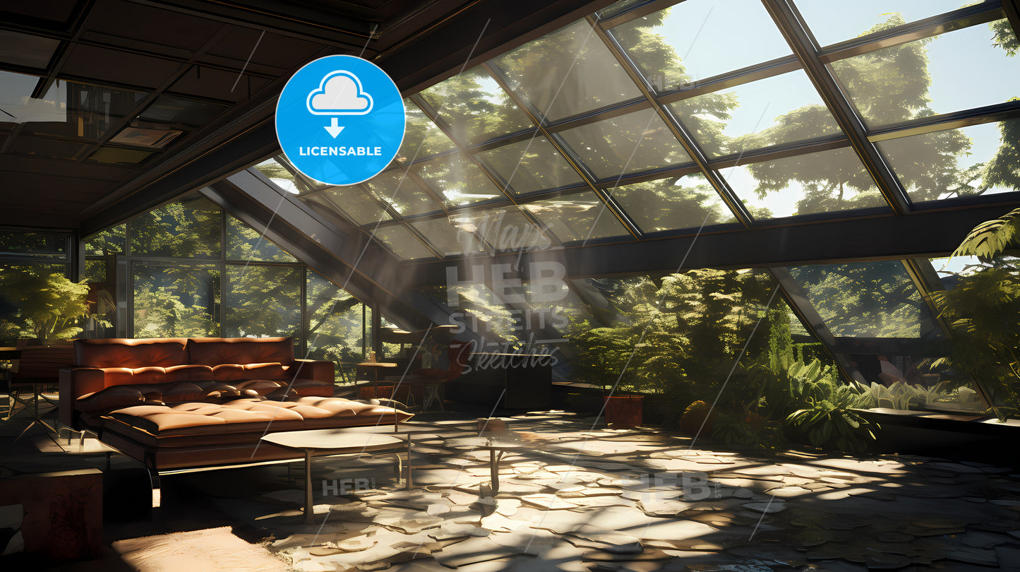 Roof Glass House, A Room With A Glass Roof And A Couch And Chairs