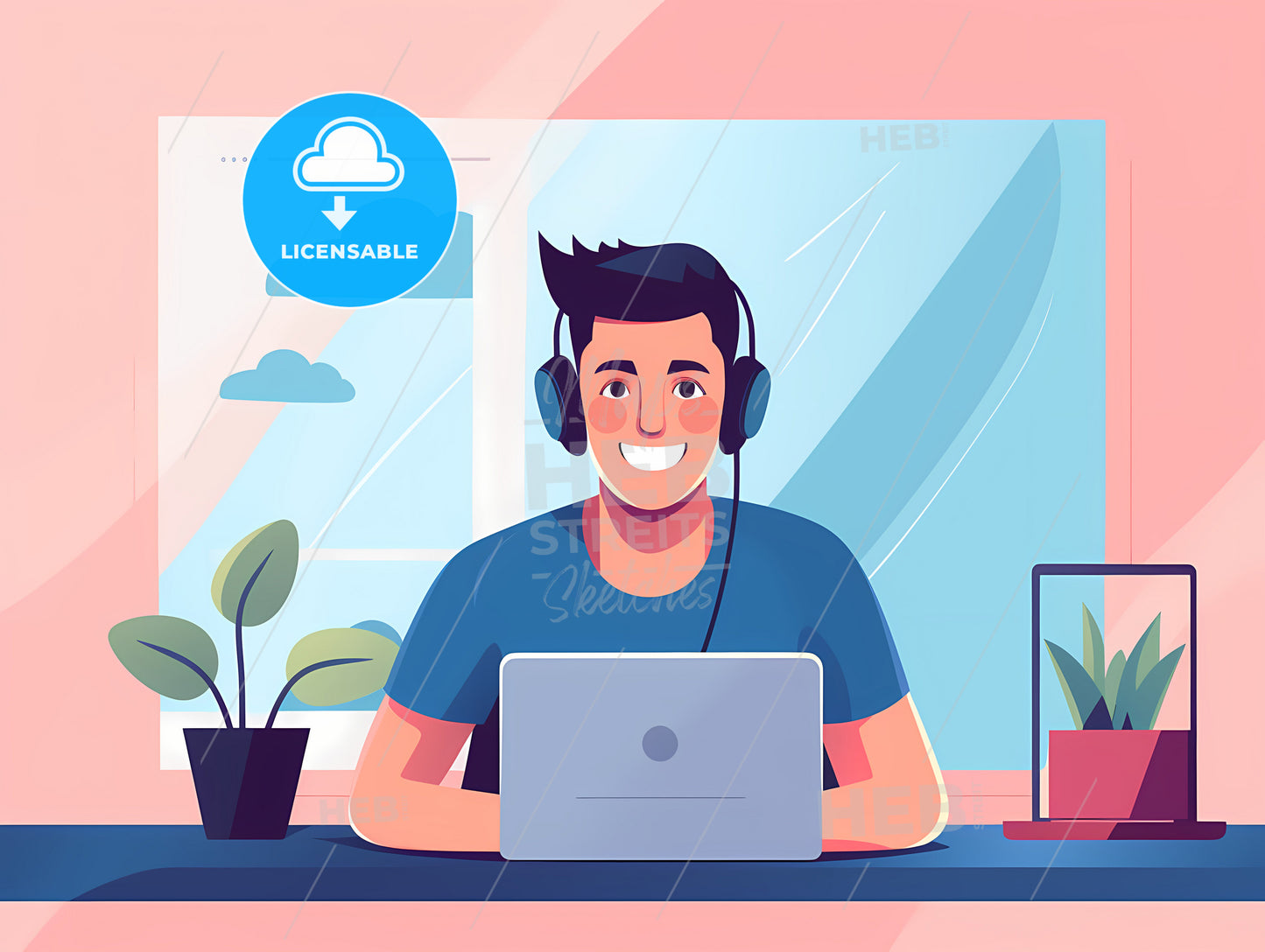 Young Man Working From Home, A Man Wearing Headphones Sitting At A Desk With A Laptop