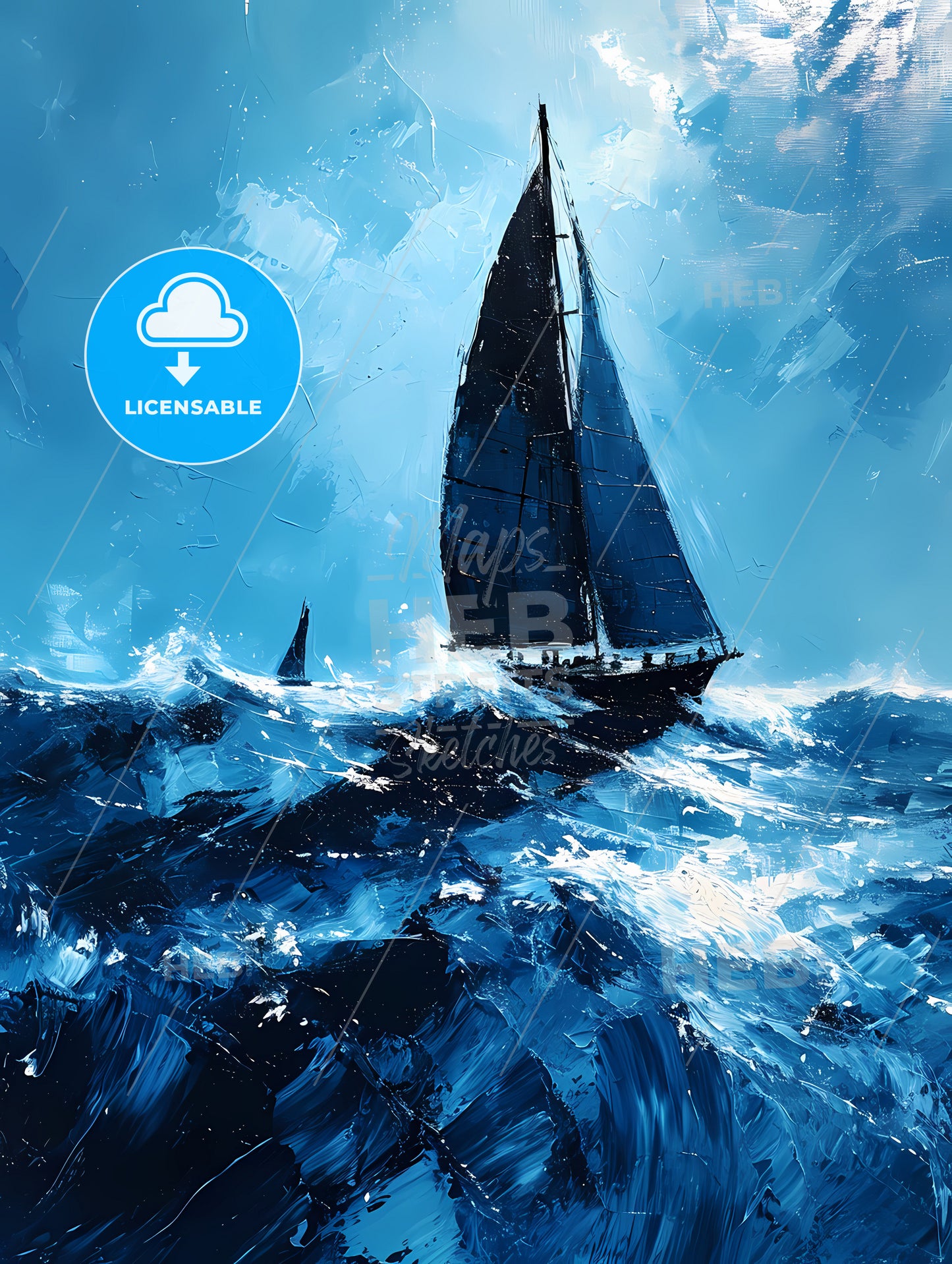 Long Beach Art Sketch With Clear Blue Background, A Sailboat In The Sea