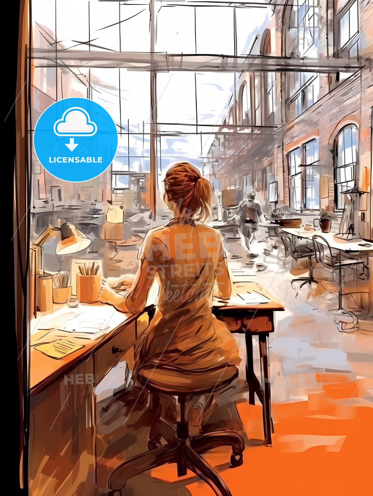 Woman Working At Loft Office, A Woman Sitting At A Desk Looking Out A Window