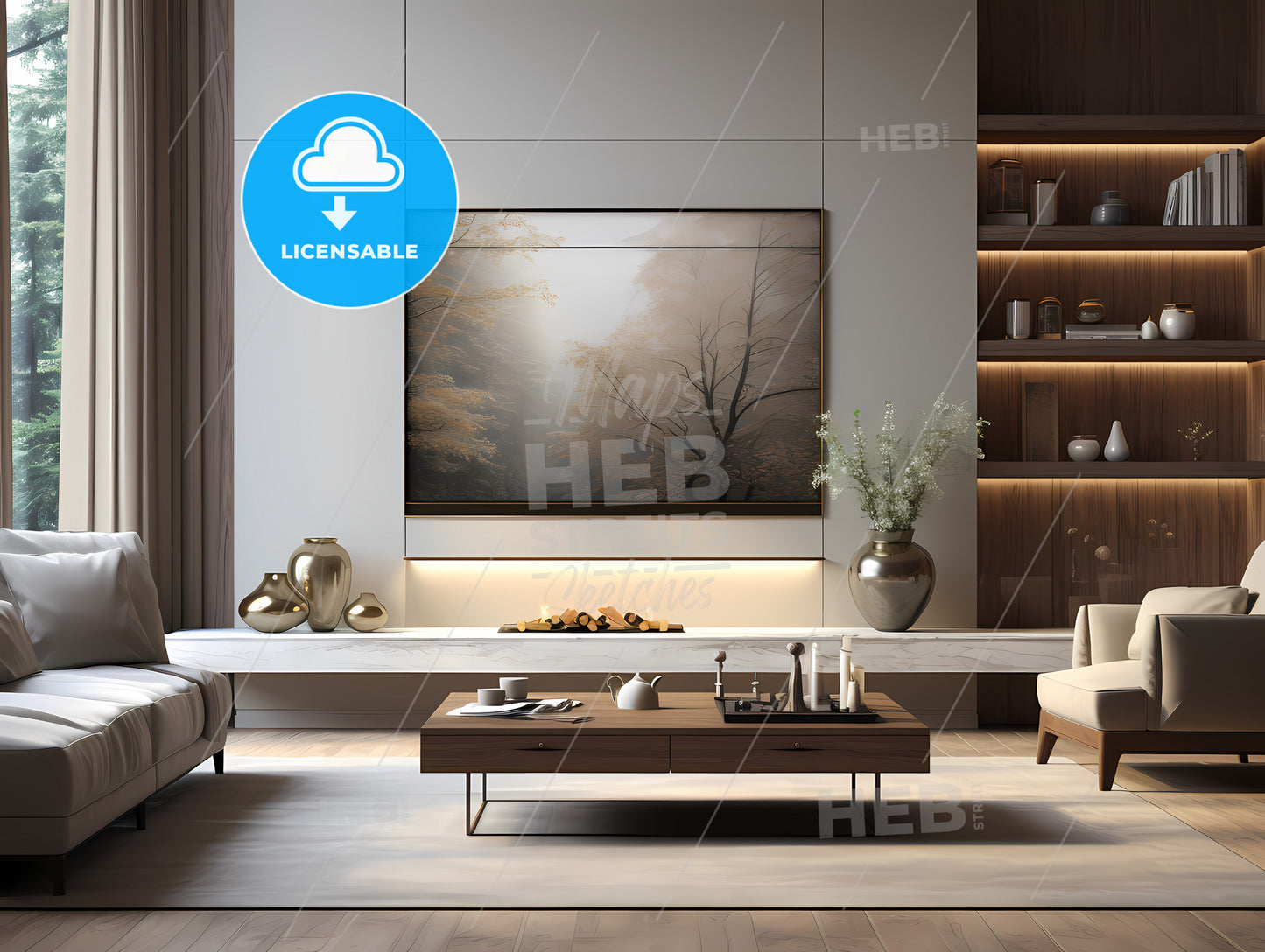 European Minimalist Styleliving Room, A Living Room With A Large Painting On The Wall