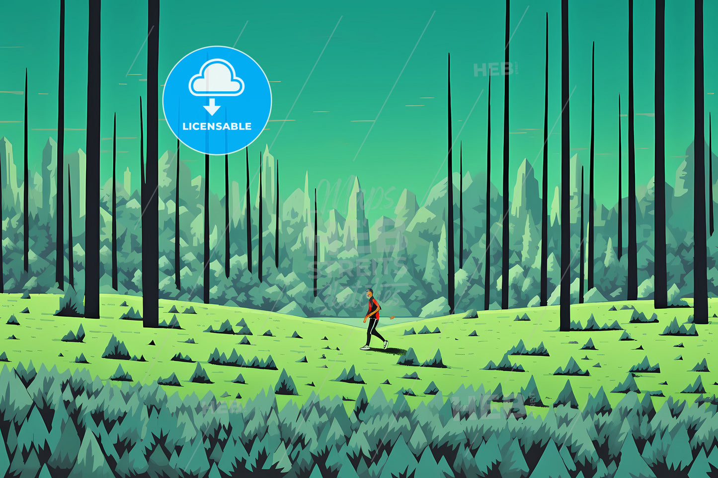 A Green Black Background, A Man Walking In A Forest