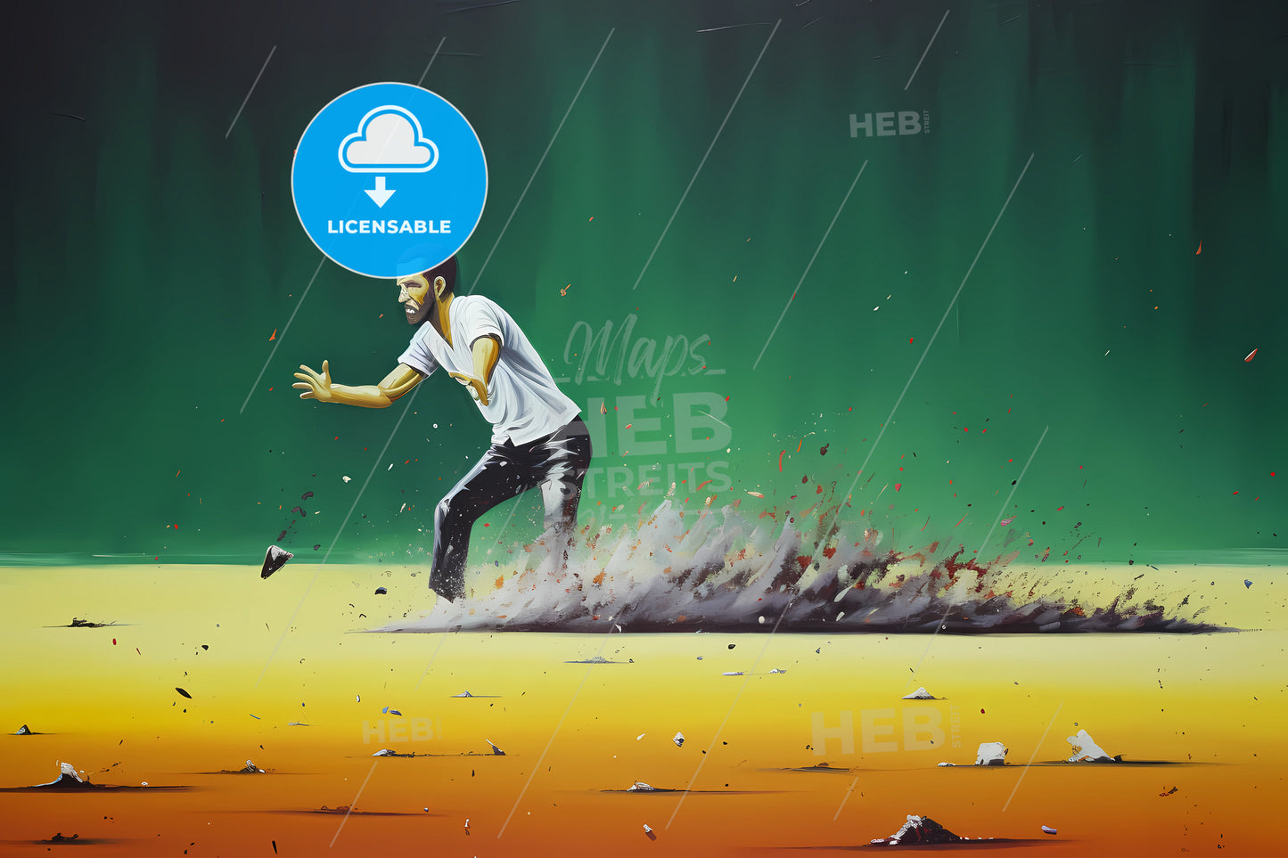 A Green Black Background, A Man Running Away From A Rock