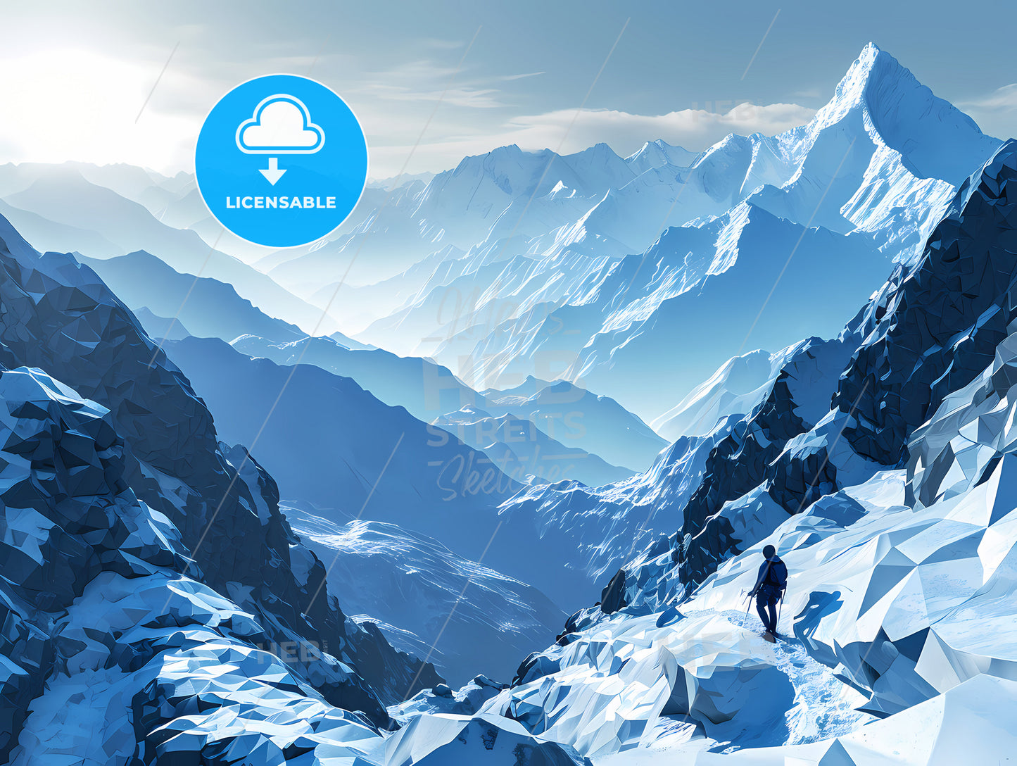 Layered Paper Mountaineering Landscape, A Person Walking On A Snowy Mountain