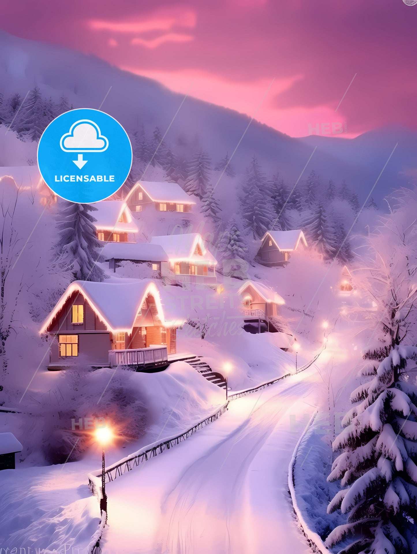 Beautiful Snow Scene, Pink Snow, A Snowy Road With Houses And Trees