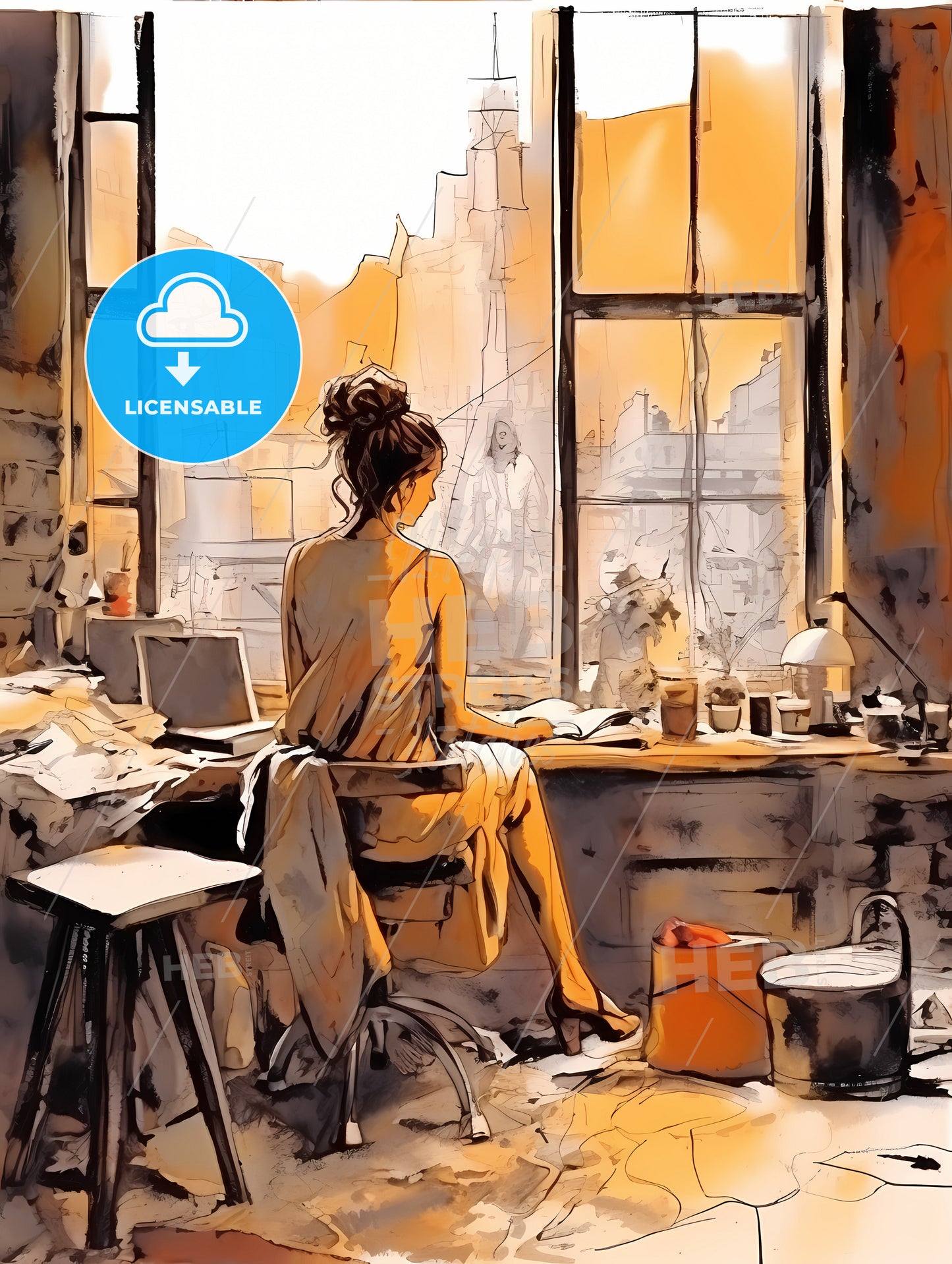 Woman Working At Loft Office, A Woman Sitting At A Desk Looking Out A Window