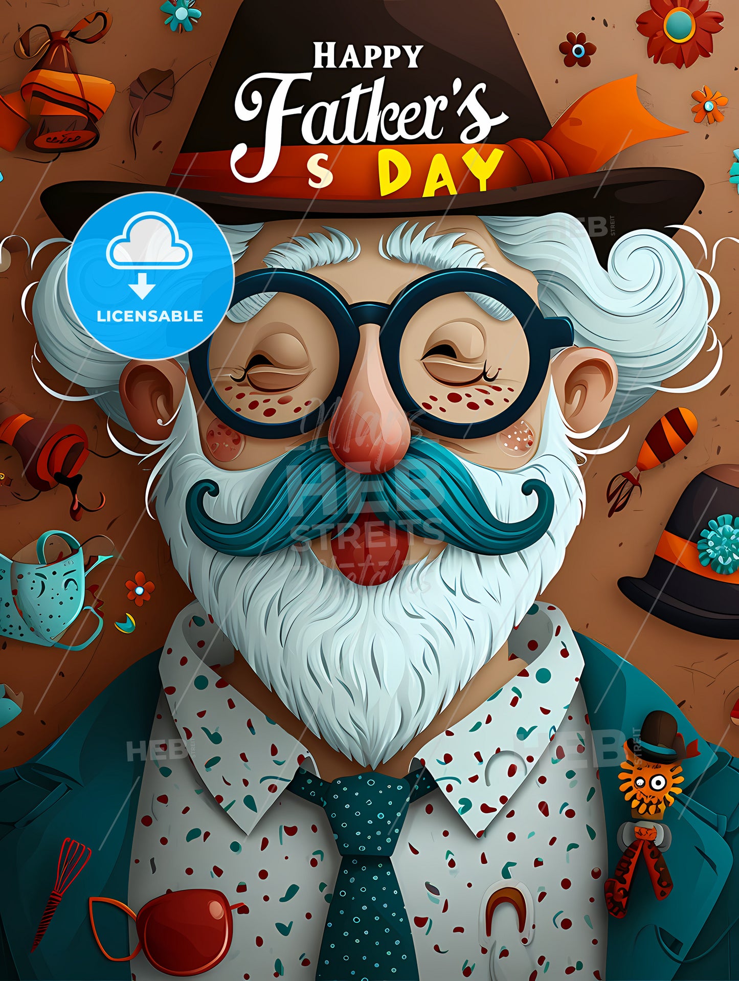 Happy Father's Day Greeting Card, A Cartoon Of A Man With A Mustache And Glasses