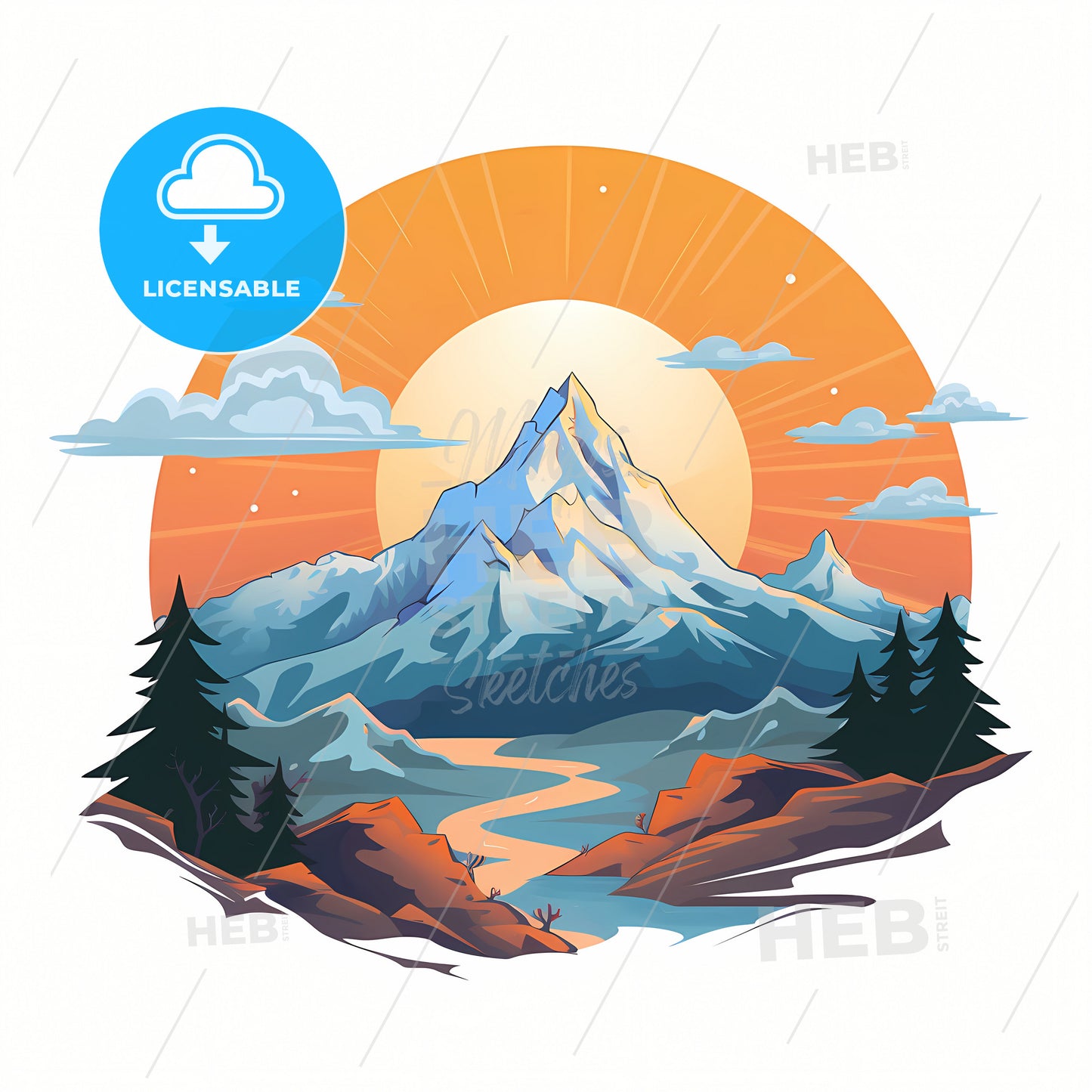 A Mountain View With Sun, A Mountain With Trees And A River