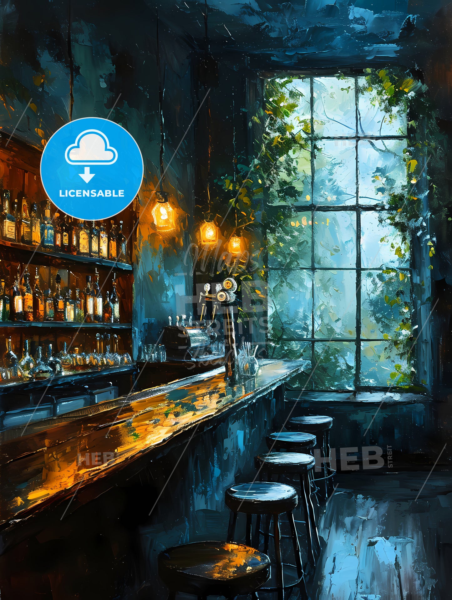 Bar Warm Lamp Windownight, A Bar With A Row Of Bottles On Shelves