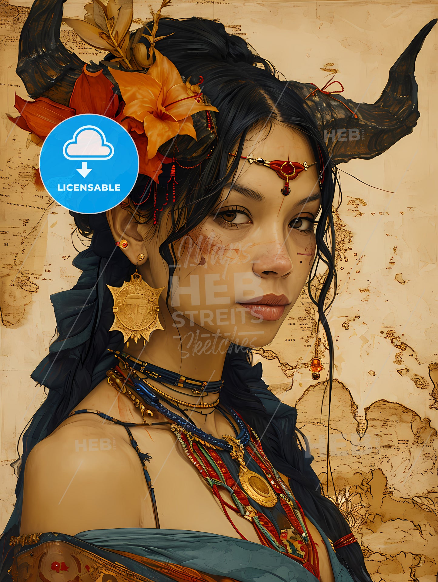 A Quirky Lady Has A Secret, A Woman With Horns And Flowers In Her Hair