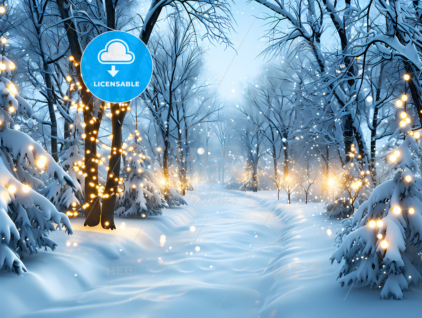 Winter Snow Background With Snowdrifts, A Snowy Path With Trees And Lights