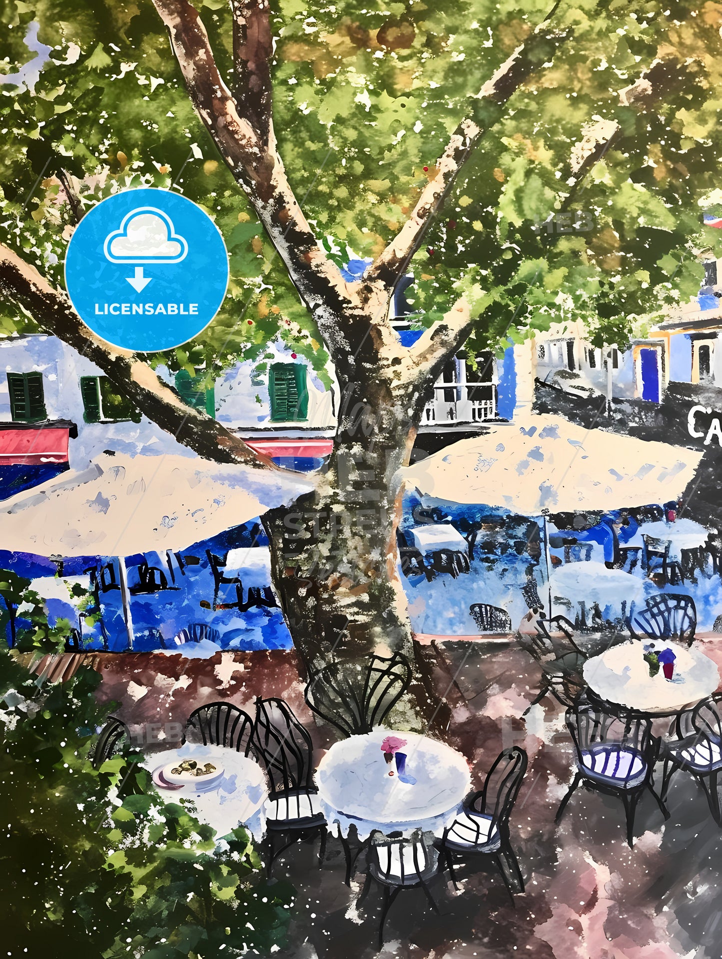 Mallorcan Town Square Of Soller, A Tree With Tables And Chairs Under A Tree
