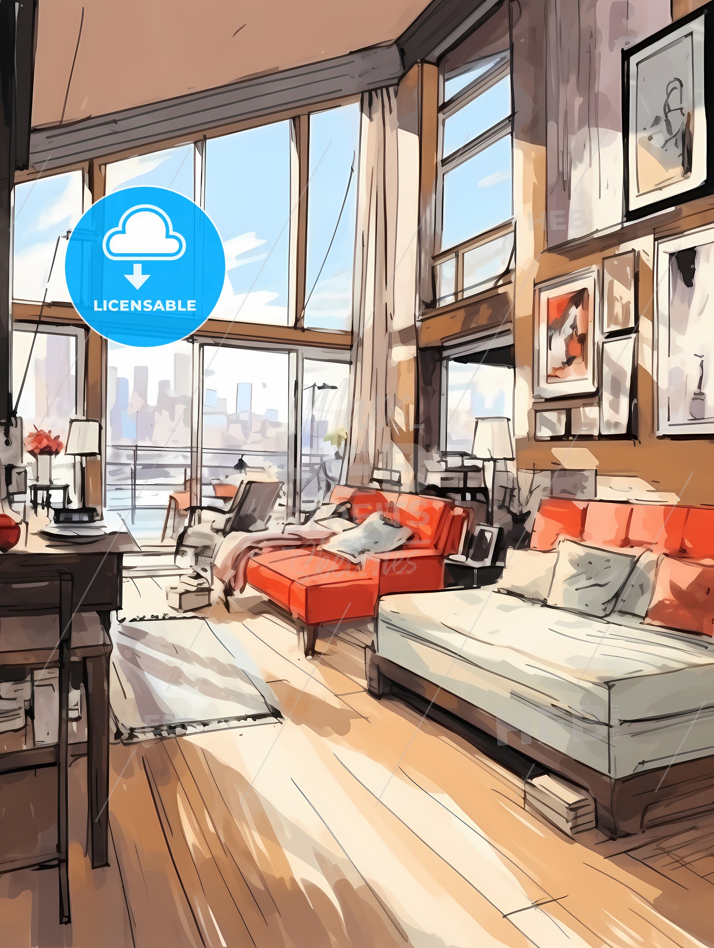 Modern Studio Apartment, A Drawing Of A Living Room