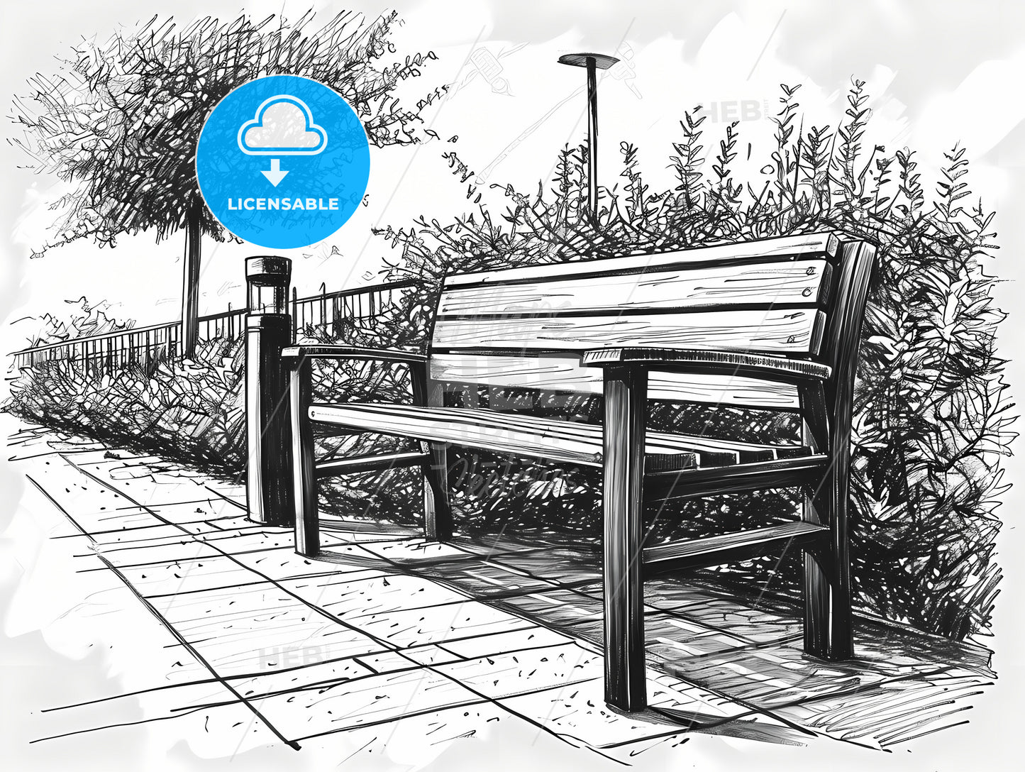 Technical Drawing Of A Modern Chair, A Bench On A Sidewalk