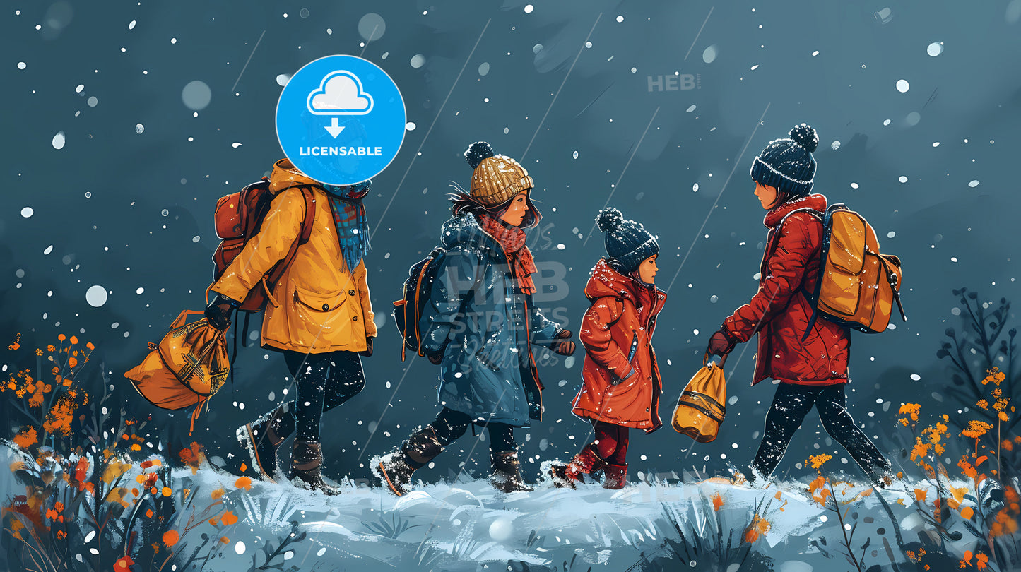 Family On The Ski, A Group Of People Walking In The Snow