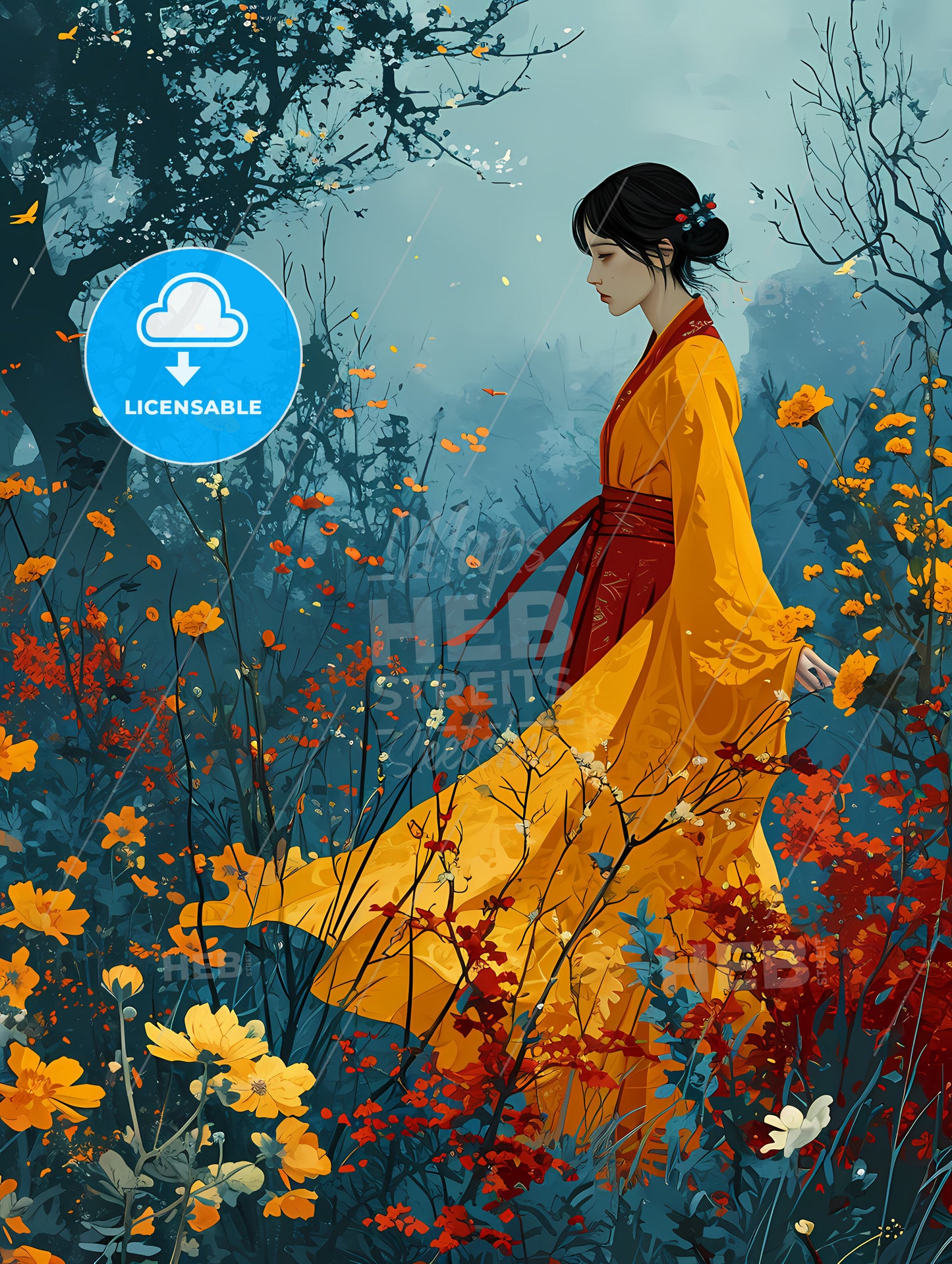 American Fashion Magazine Styled Illustration, A Woman In A Yellow Dress Walking Through A Field Of Flowers