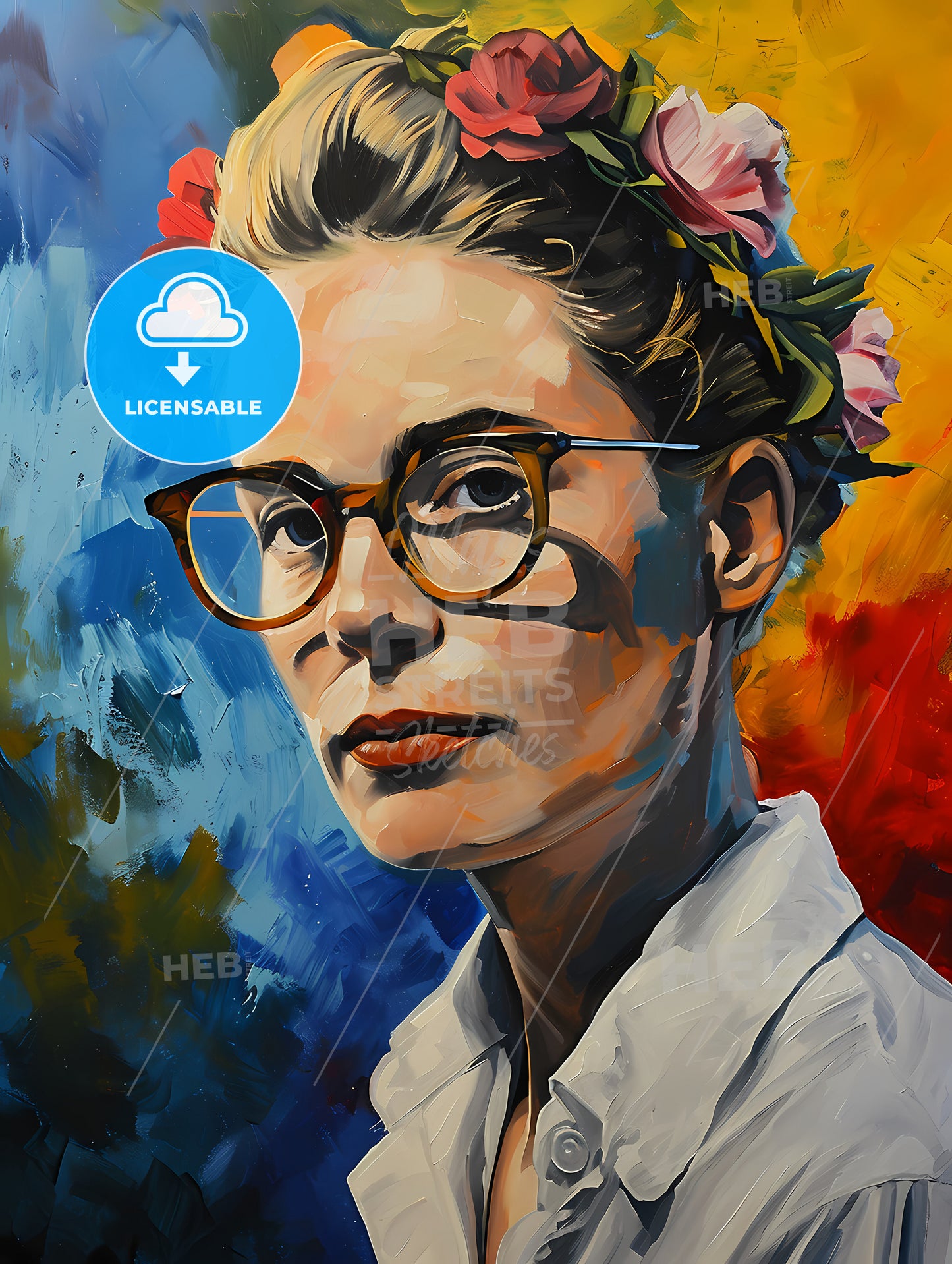 Lolita From Vladimir Nabokov Portrait, A Painting Of A Woman With Glasses And Flowers In Her Hair