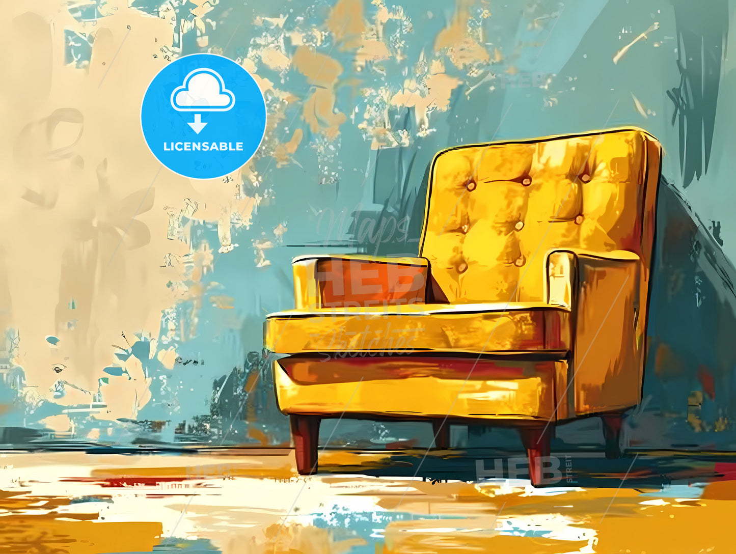 Technical Drawing Of A Modern Chair, A Yellow Chair In A Room