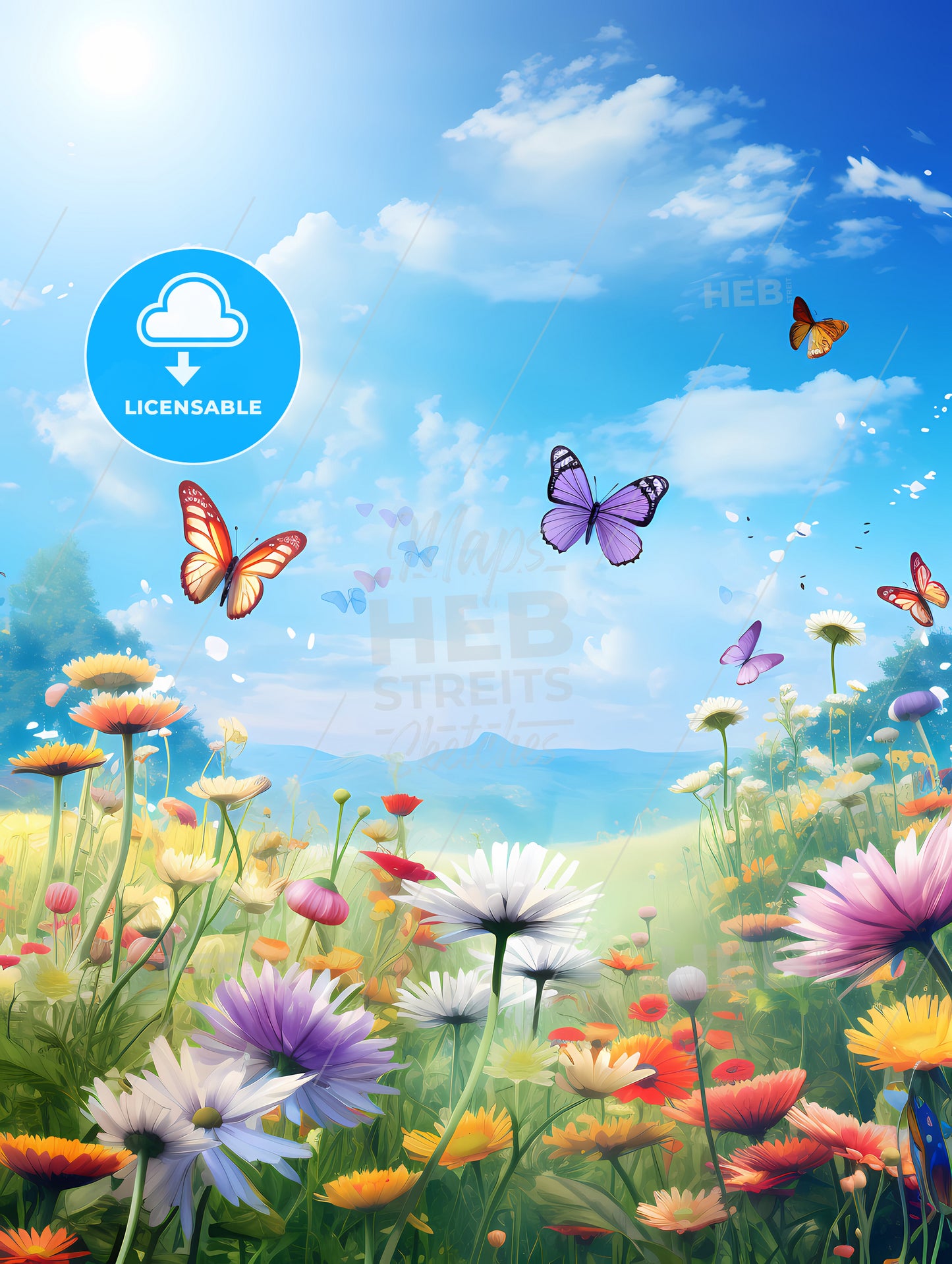 A Meadow Full Of Flowers, Butterflies Flying Over A Field Of Flowers
