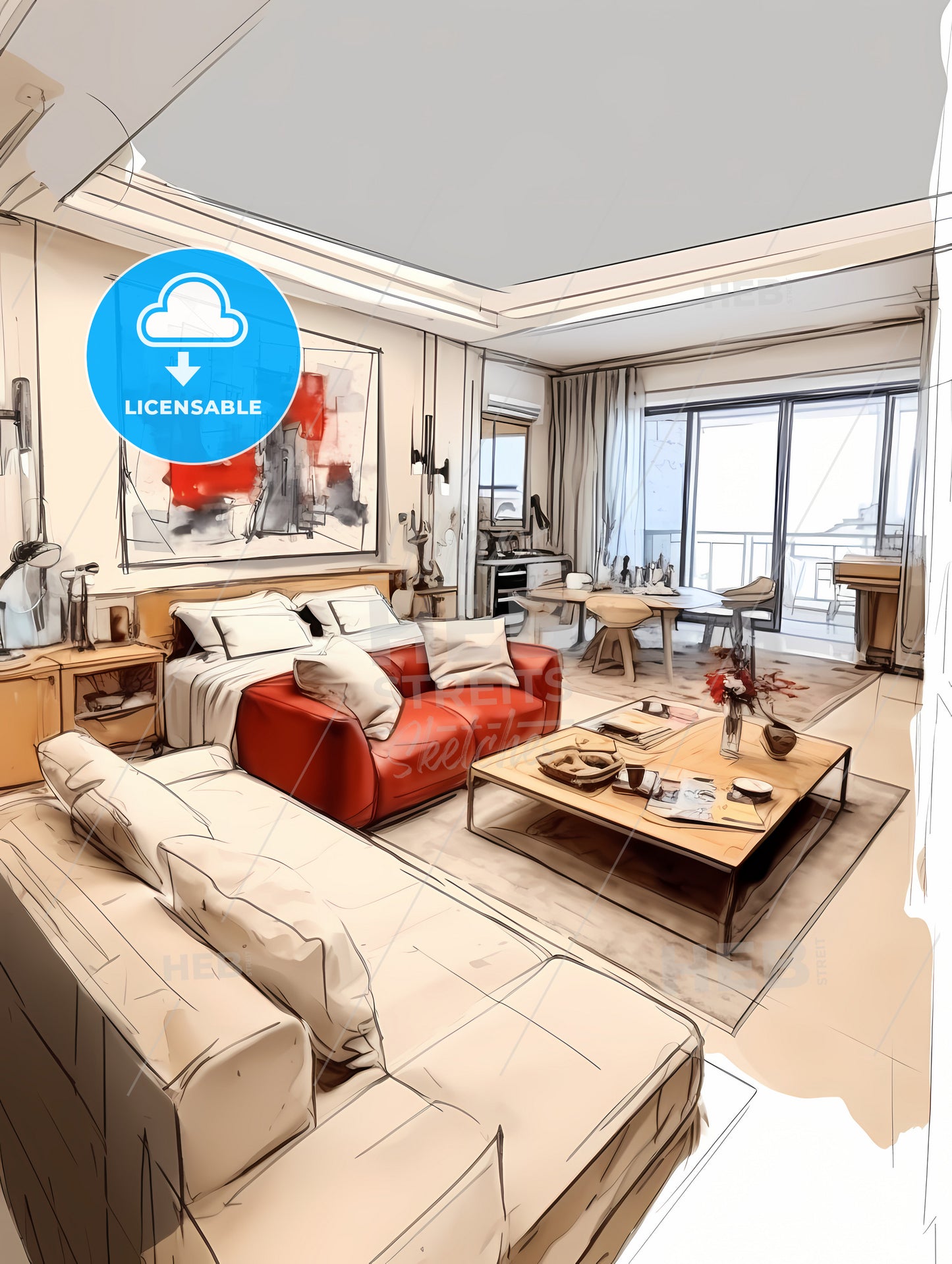 Modern Studio Apartment, A Drawing Of A Living Room