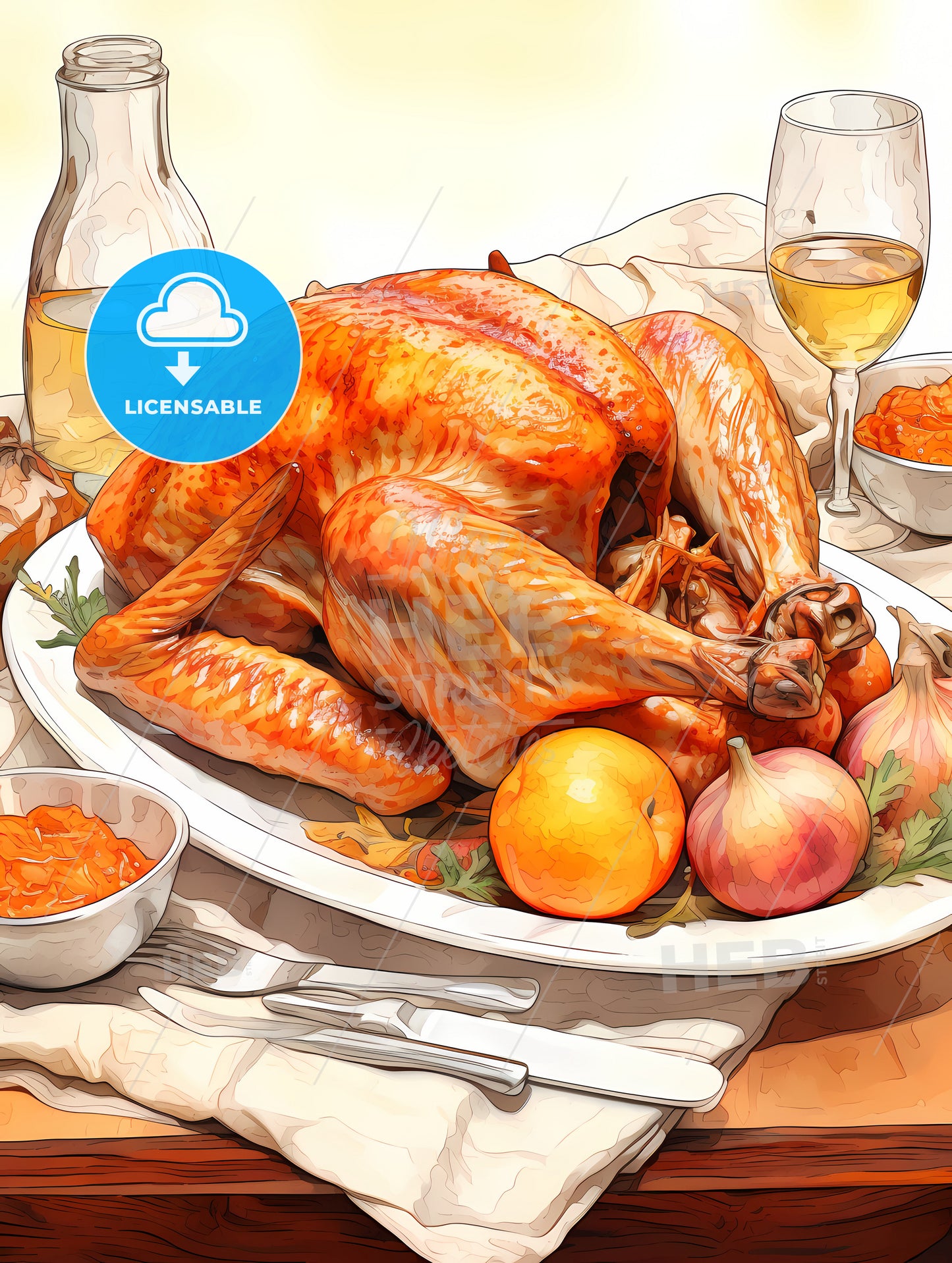 Thanksgiving Turkey, A Turkey On A Platter With Fruit And Sauces