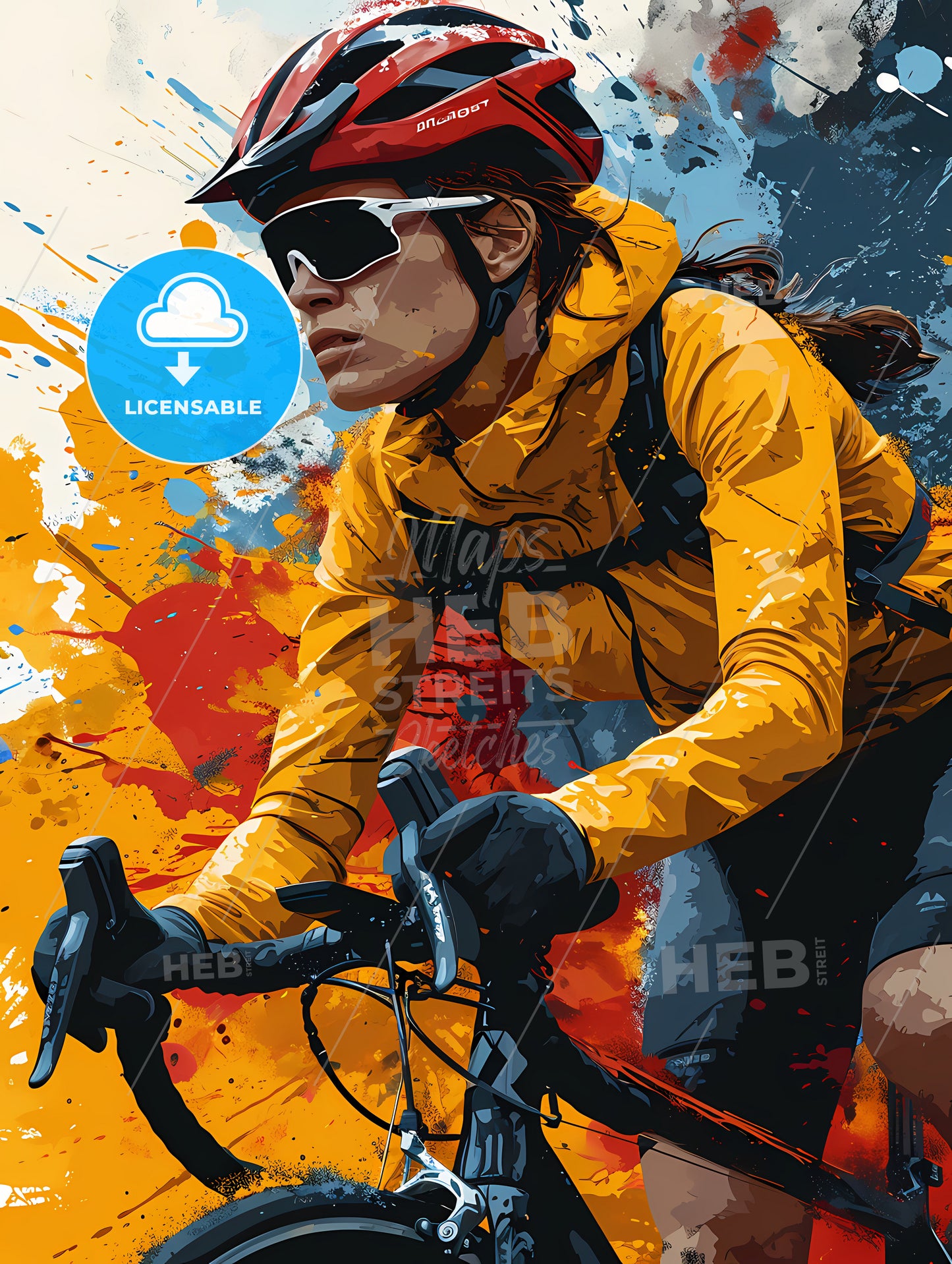 An Art Illustration Of A Triathlon, A Woman Riding A Bicycle