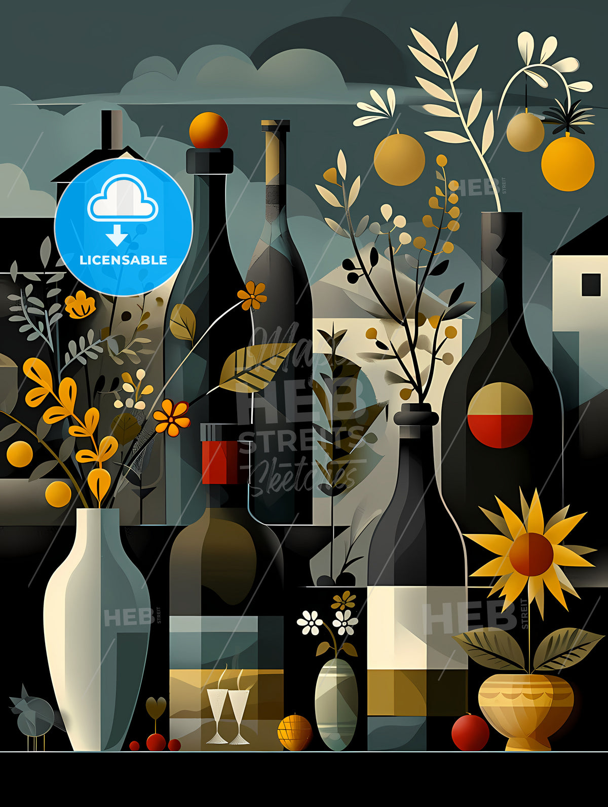 Art Deco Minimalism, A Group Of Bottles And Vases With Flowers