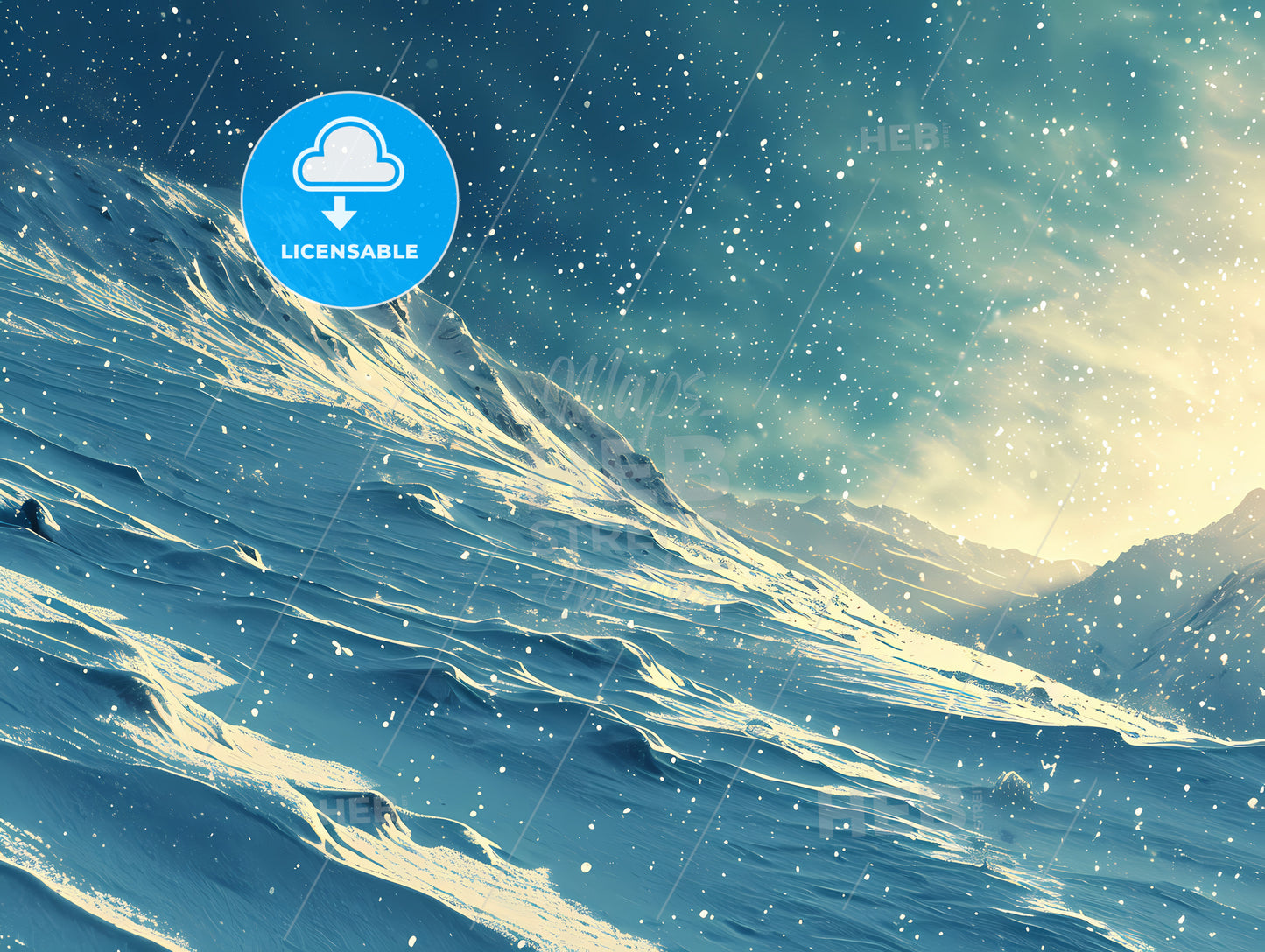 Winter Snow Background With Snowdrifts, Snow Covered Mountain With Snow Falling
