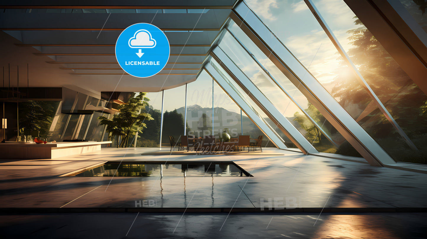 Roof Glass House, A Glass Room With A Pool And A Table